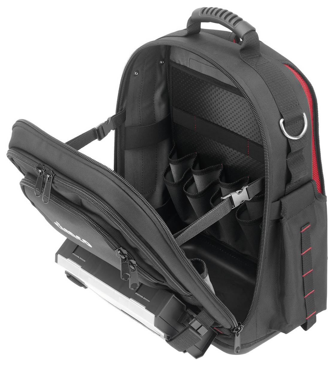 Czarny plecak z otwartą komorą główną, pokazujący różne kieszenie i przegródki do organizacji narzędzi.