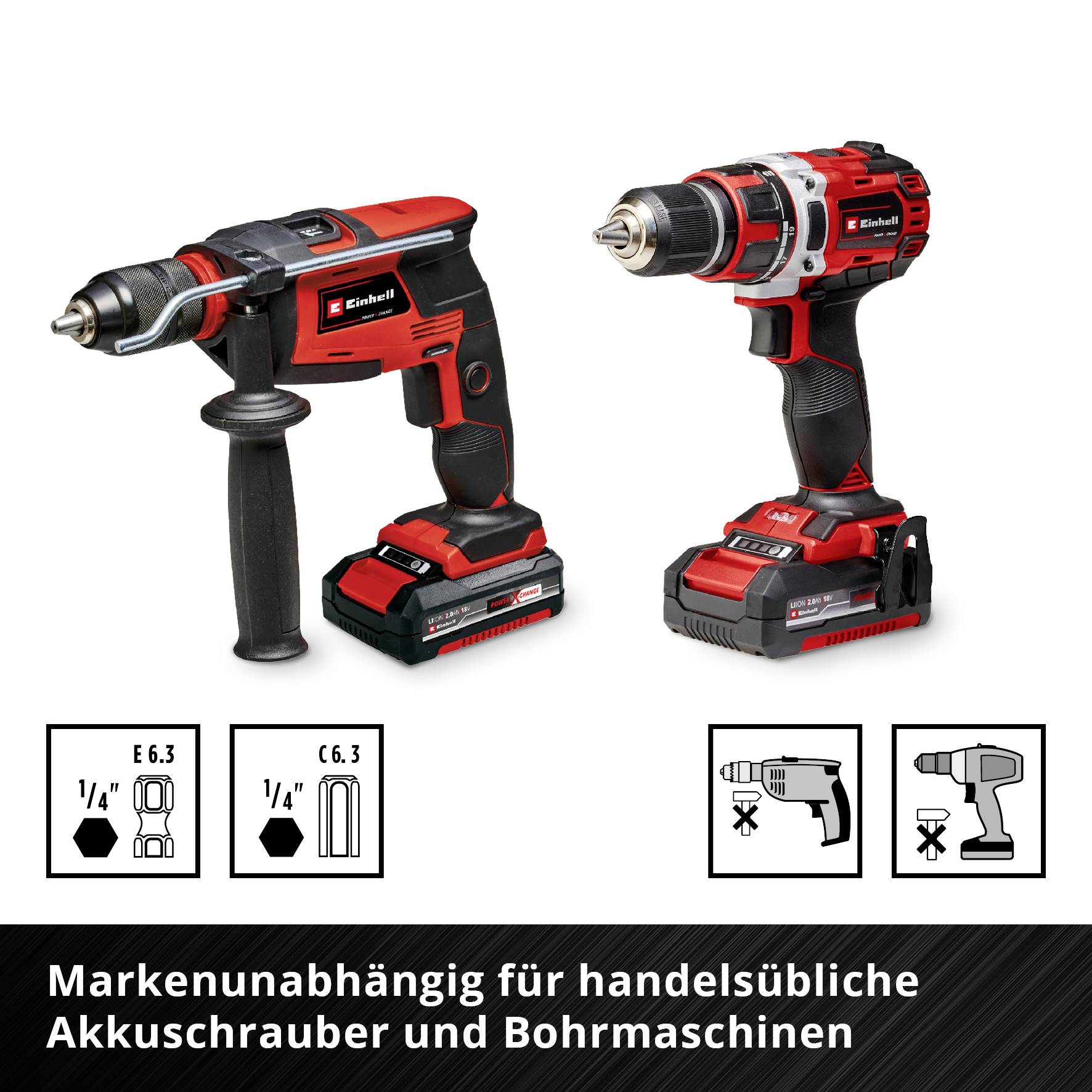 Dwa czerwone i czarne wkrętarki akumulatorowe z symbolami rozmiarów uchwytów wiertarskich. Tekst: 'Niezależnie od marki do standardowych wkrętarek akumulatorowych i wiertarek dostępnych w handlu'.