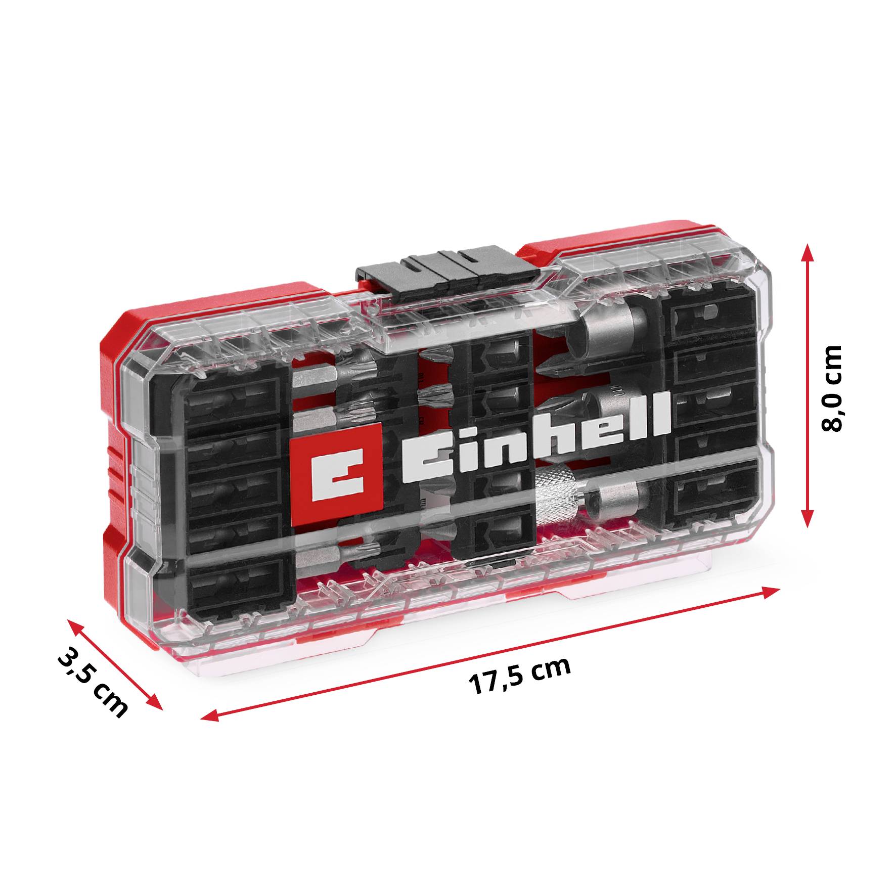 Zestaw bitów wkrętakowych z przezroczystym etui, czerwono-czarny, wymiary: 17,5 cm x 8 cm x 3,5 cm. Marka: Einhell.