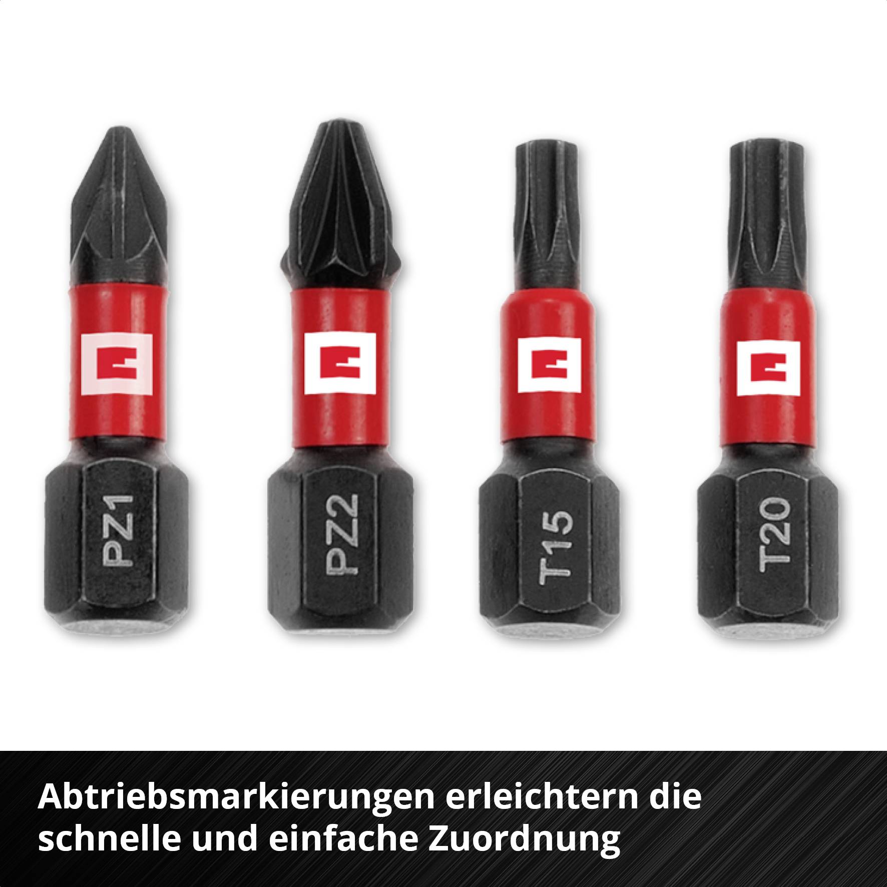 Trzy czarne bity do wkrętaków z czerwonymi oznaczeniami napędu: PZ1, T15, T20. Oznaczenia ułatwiają przyporządkowanie.