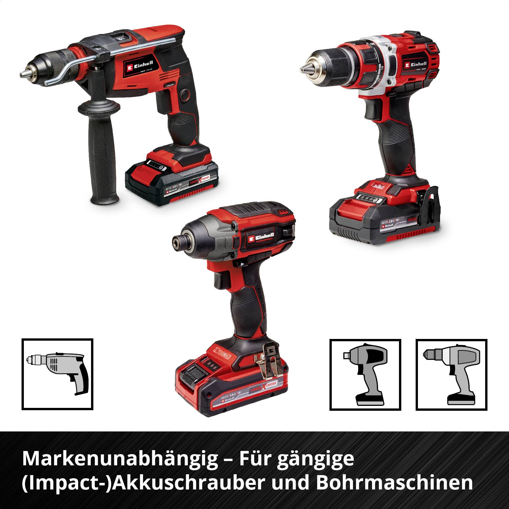 Trzy czerwone akumulatorowe wkrętarki udarowe w różnych wzorach. Tekst: Niezależnie od marki – Do popularnych wkrętarek (udarowych) akumulatorowych i wierteł.