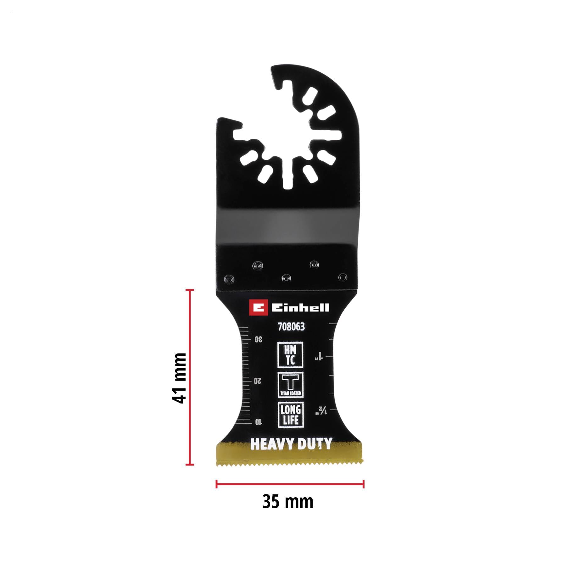 Oscylujące pełno noża piłownika z napisem „Heavy Duty", długości 41 mm i szerokości 35 mm, odpowiednie do użytku przy obróbce drewna.