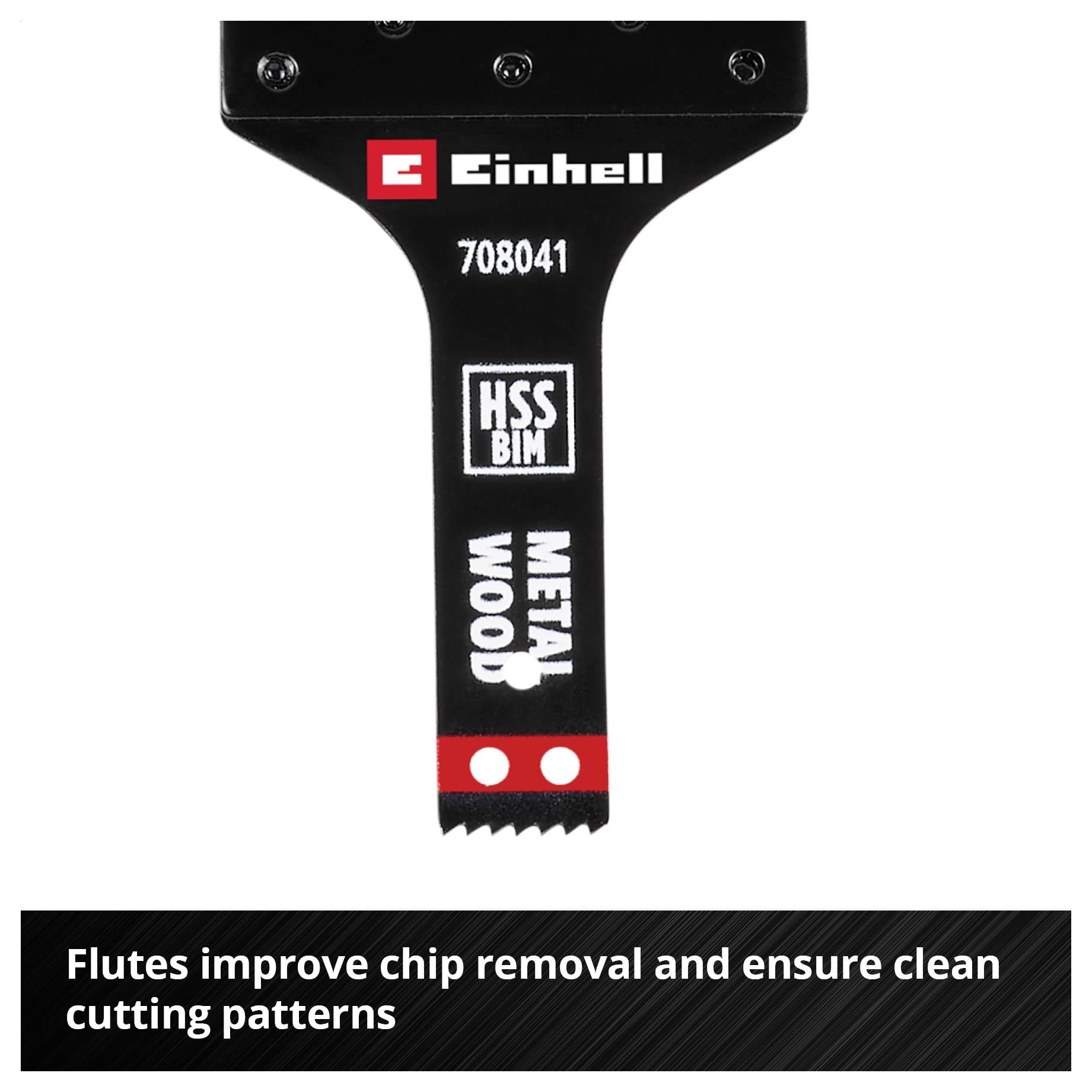 Obraz piły tarczowej Einhell HSS BIM, odpowiedniej do cięcia metalu i drewna. Tekst poniżej: 'Nacięcia spiralne poprawiają odprowadzanie wiórów i zapewniają czyste krawędzie cięcia'.