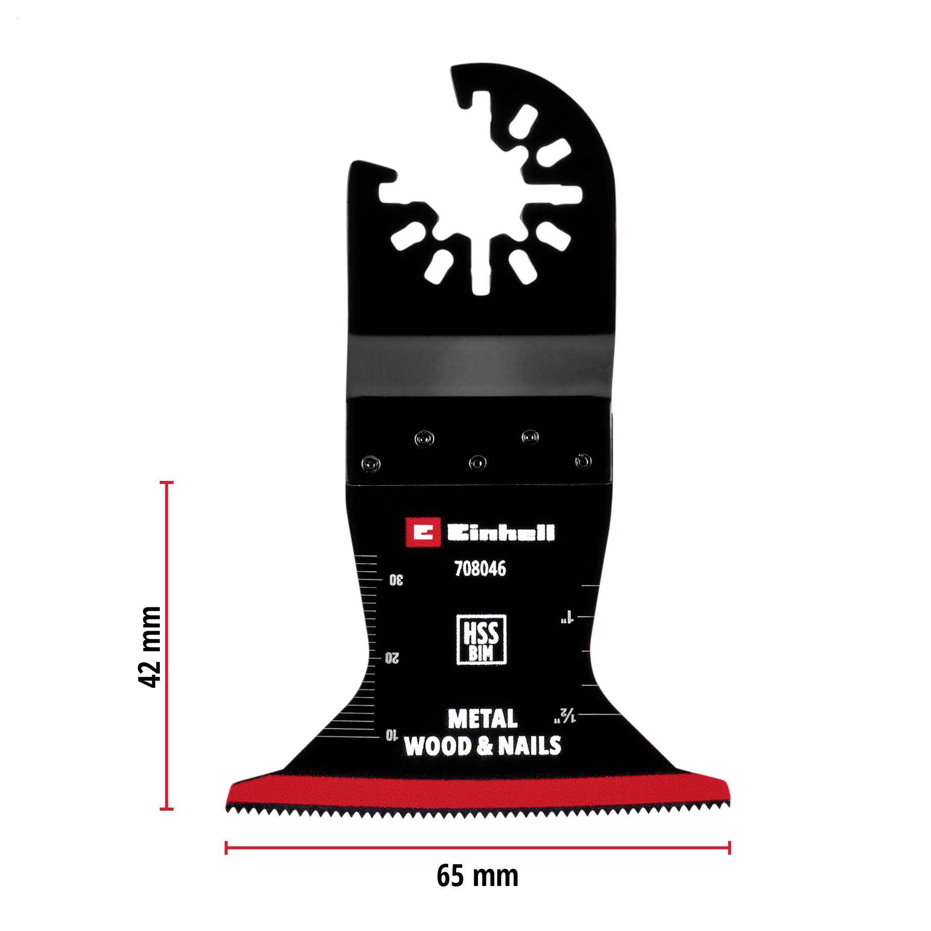 Oscylujące pił do metalu, drewna i gwoździ marki Einhell, z napisem 'HSS BIM', 42 mm x 65 mm, czarno-czerwona.