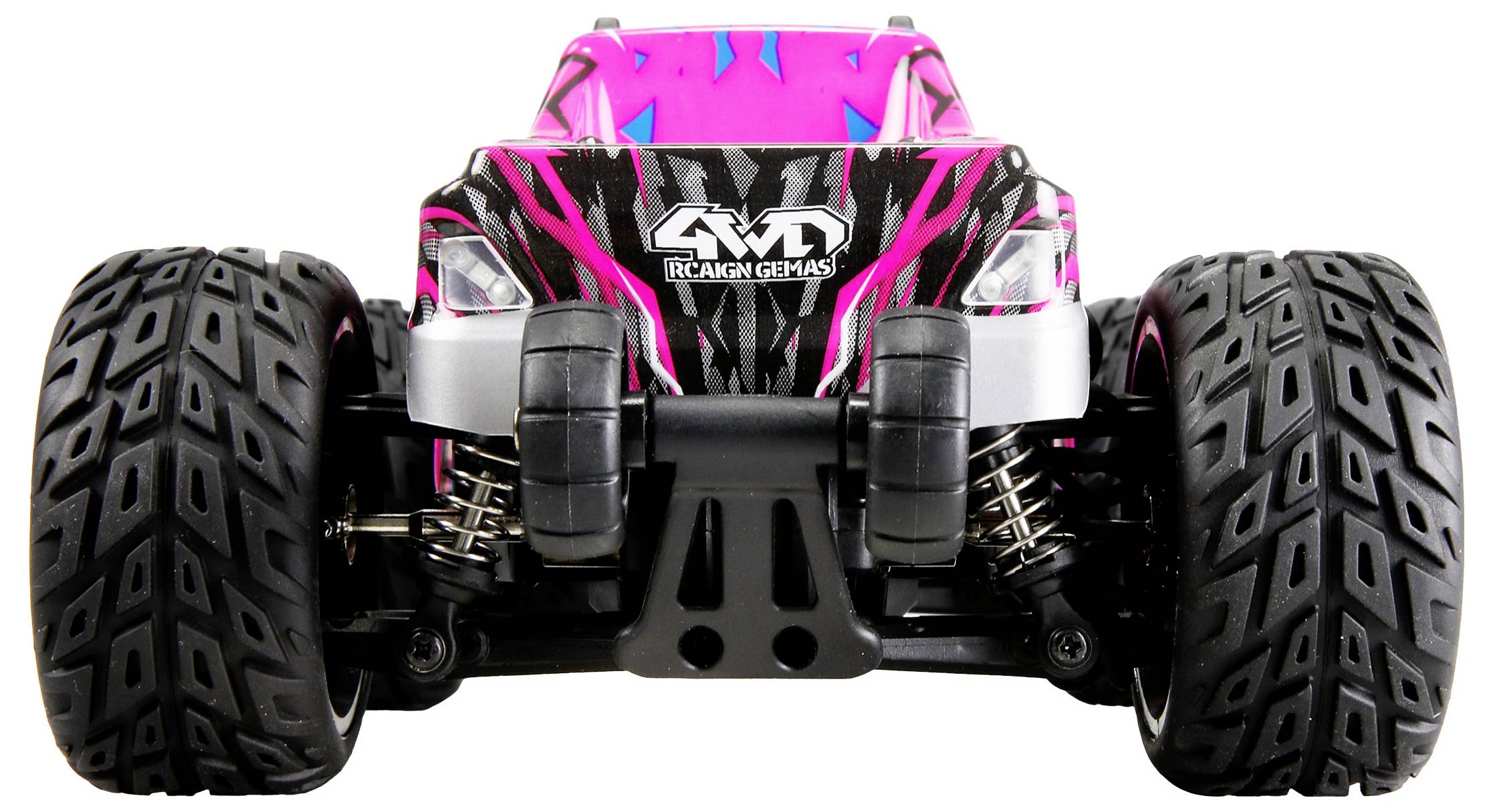 Zabawkowy samochód zdalnie sterowany z dużymi oponami i różowo-czarnym designem stoi na białym tle.