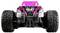 Zabawkowy samochód zdalnie sterowany z dużymi oponami i różowo-czarnym designem stoi na białym tle.