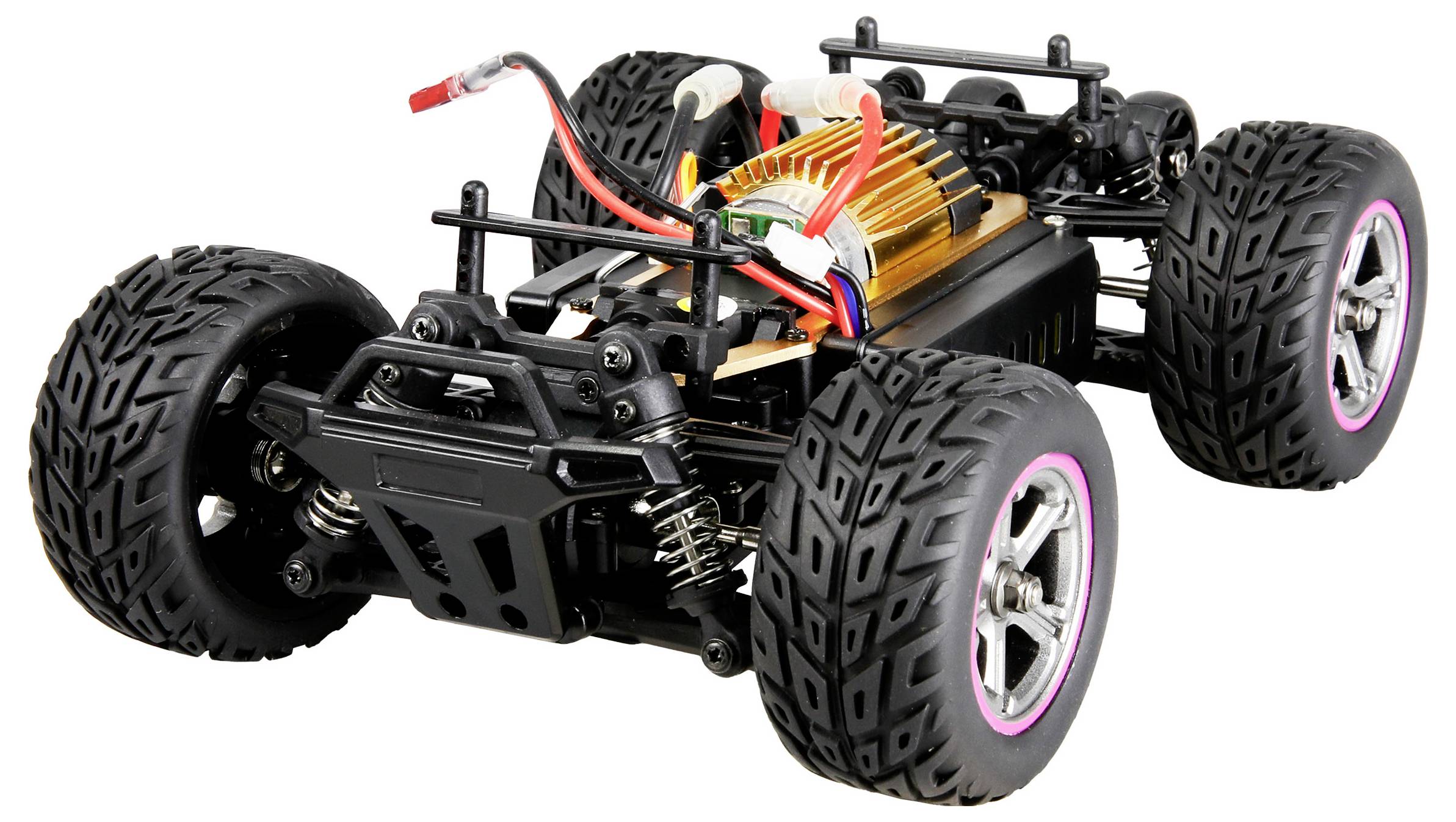 Samochód zdalnie sterowany z dużymi oponami terenowymi i widocznymi komponentami elektrycznymi na podwoziu, czarno-złoty design.