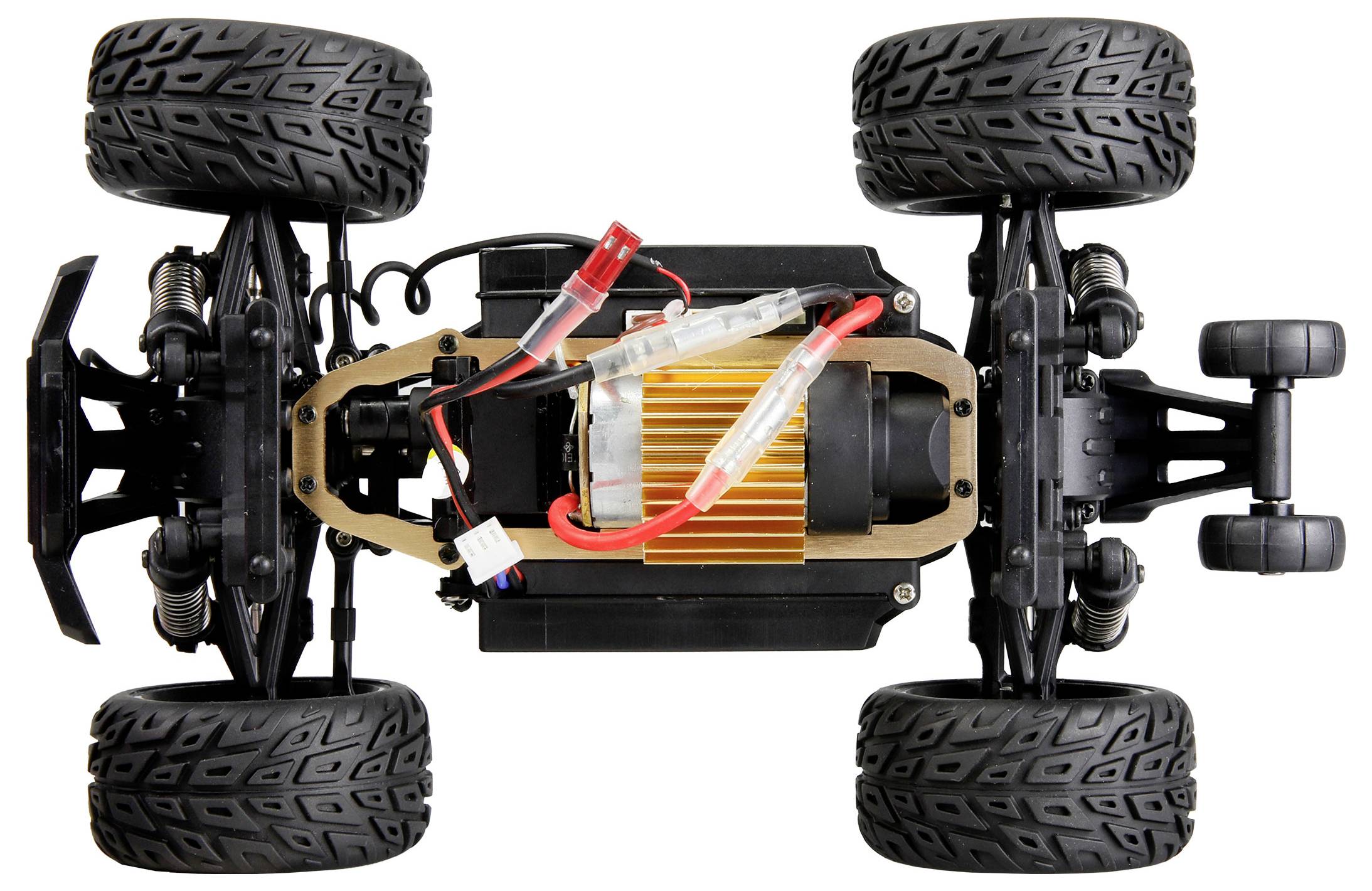 Samochód zdalnie sterowany z góry, pokazujący silnik w środku i rozmieszczenie czterech kół.