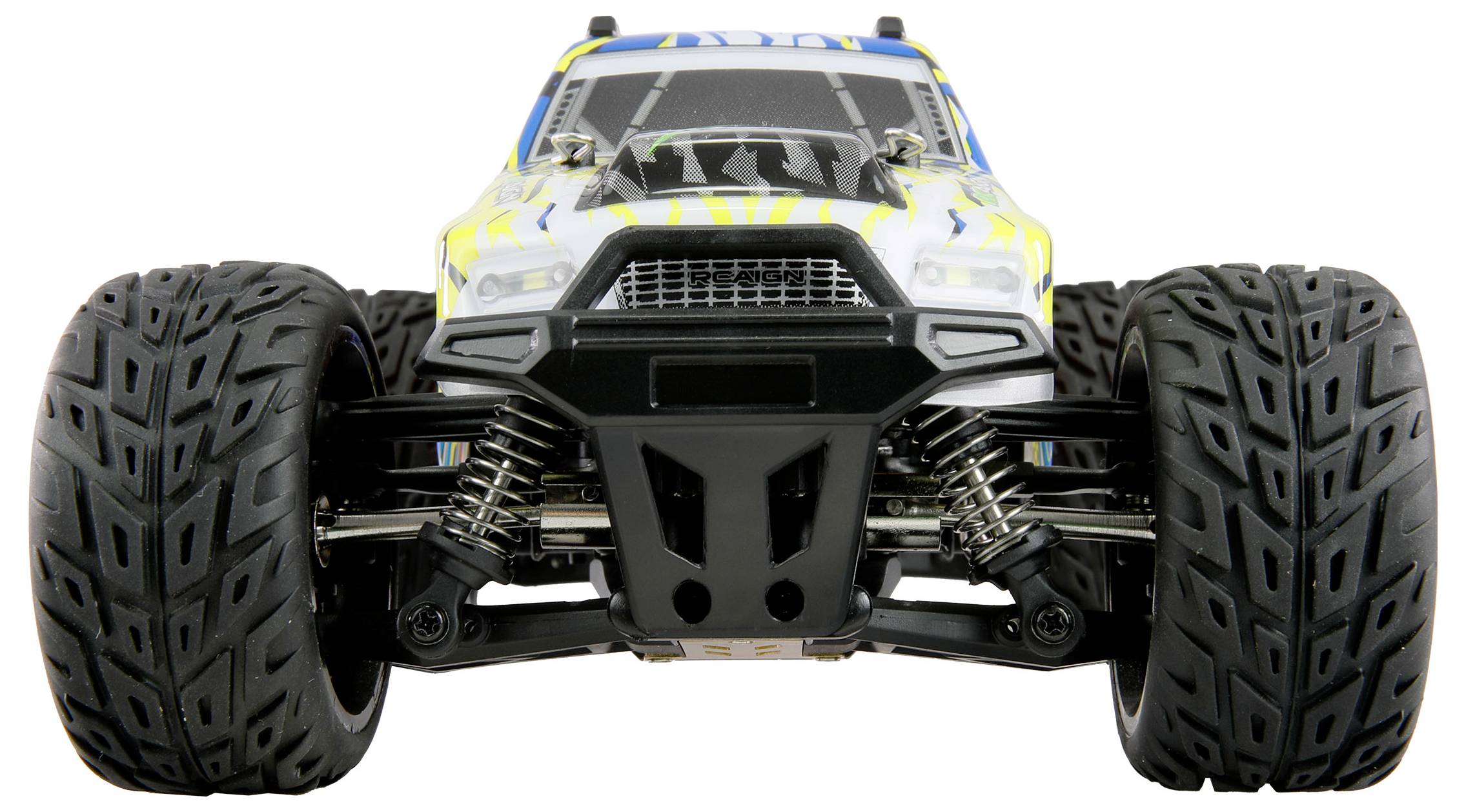 Samochód zdalnie sterowany z dużymi oponami i sportowym designem, sfotografowany z przodu. Wygląda solidnie i nadaje się do jazdy w terenie.