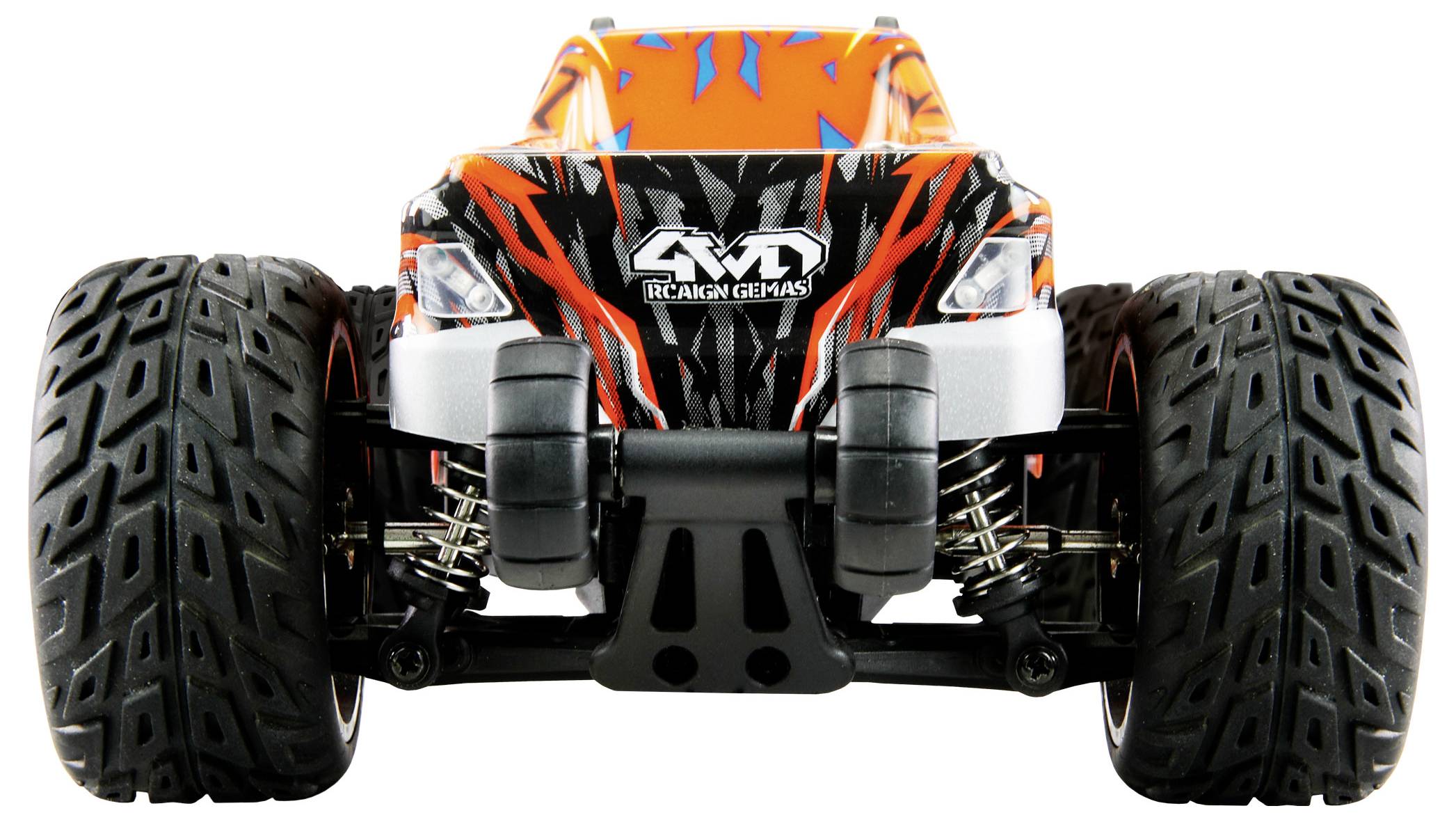Samochód zdalnie sterowany z szerokimi oponami i pomarańczowo-czarnym designem, widziany z przodu.