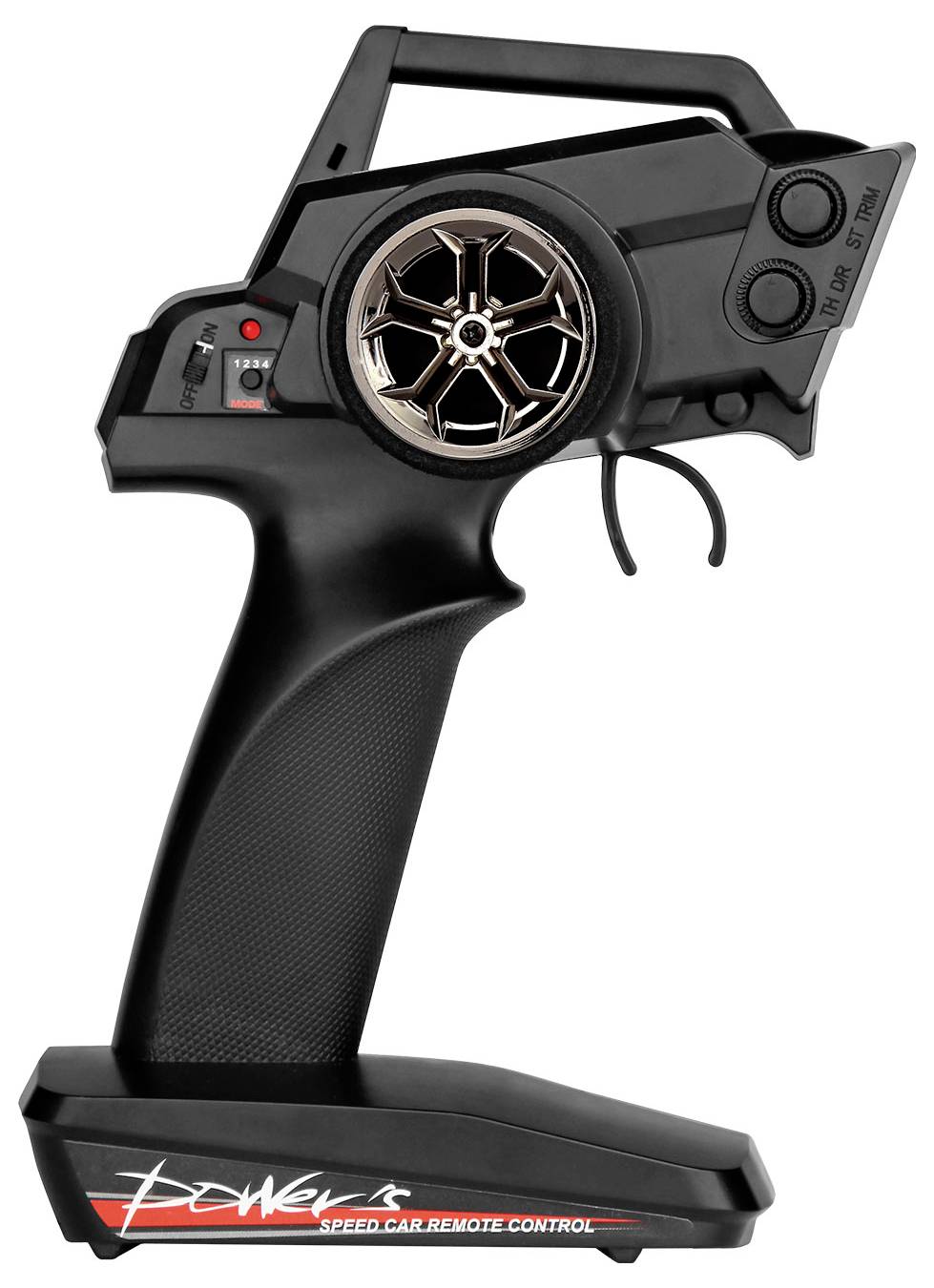 Czarny pilot zdalnego sterowania z kierownicą, przedstawiony na białym tle. Tekst na podstawie: 'Powerle Speed Car Remote Control'.