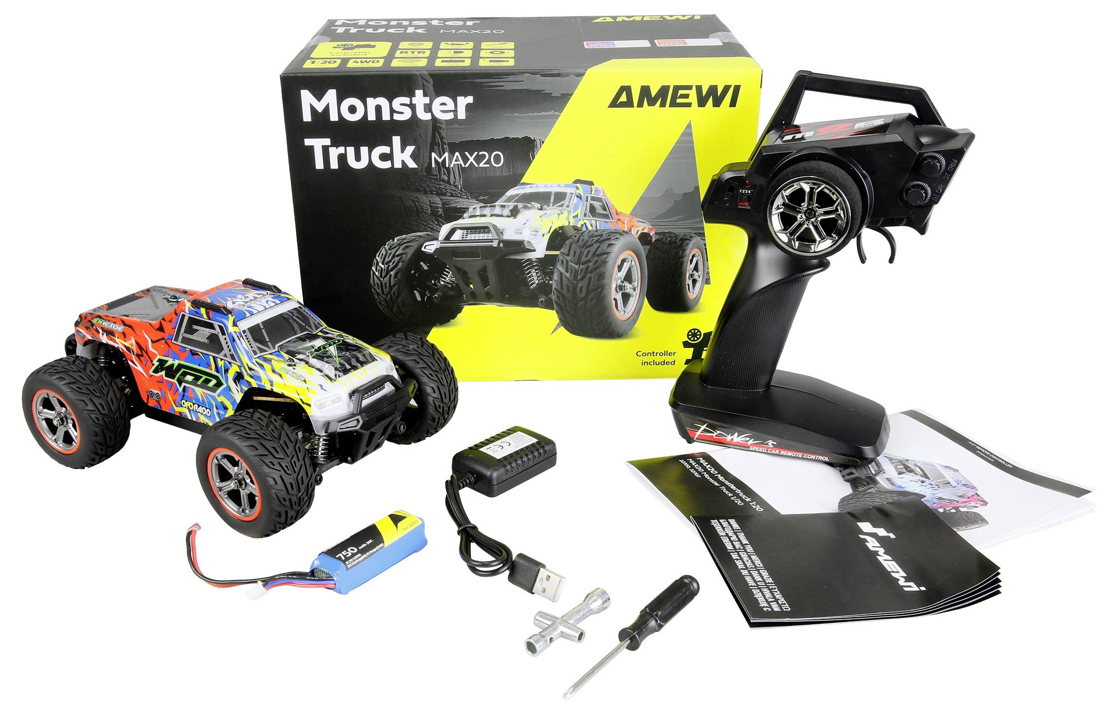 Zestaw zdalnie sterowanego monster trucka składający się z kolorowo zaprojektowanego trucka, pilota zdalnego sterowania, akcesoriów i instrukcji obsługi.