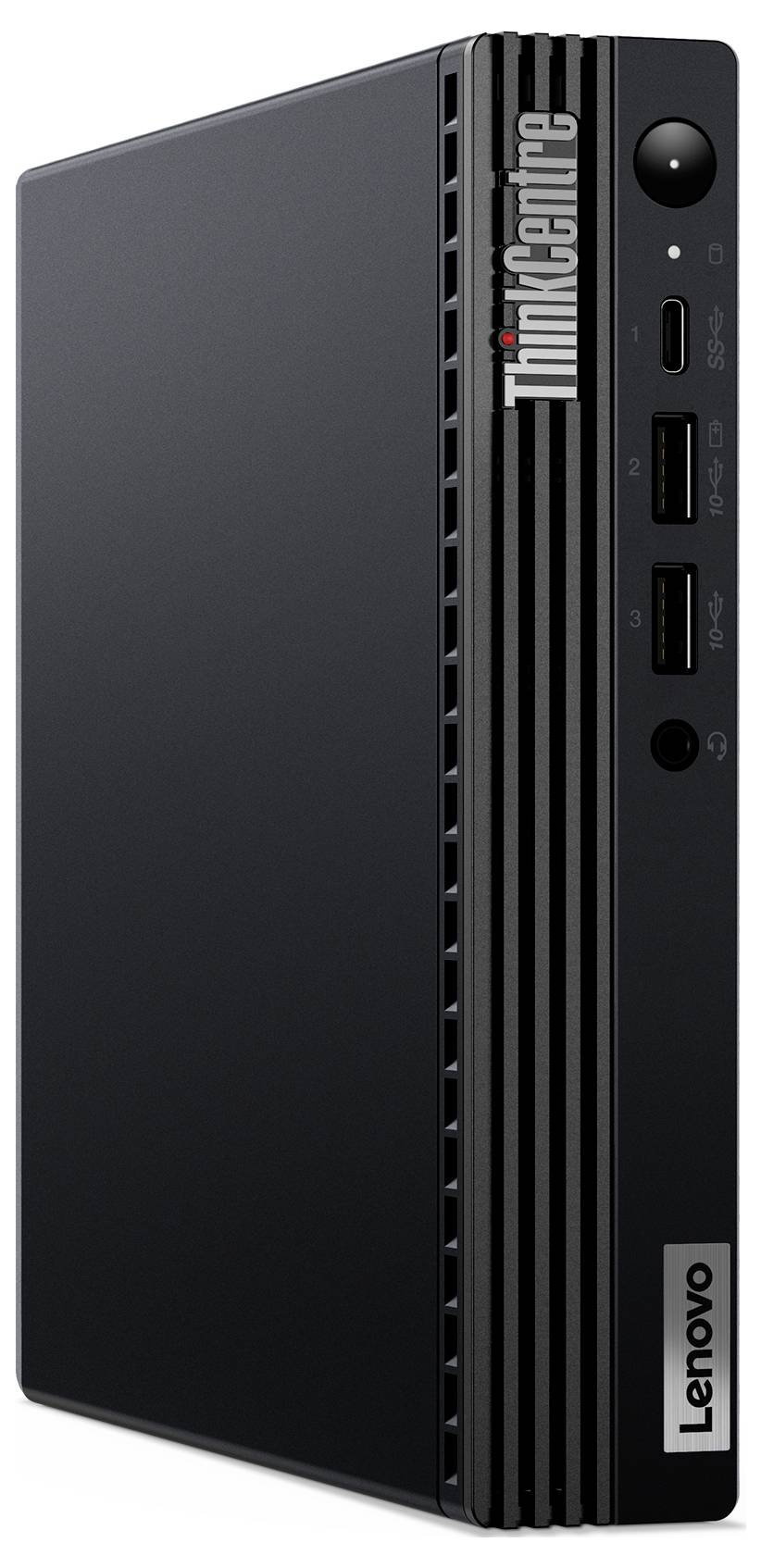 Kompaktowy komputer stacjonarny Lenovo ThinkCentre w pionowej orientacji, wyposażony w liczne porty na przednim panelu do podłączania urządzeń.