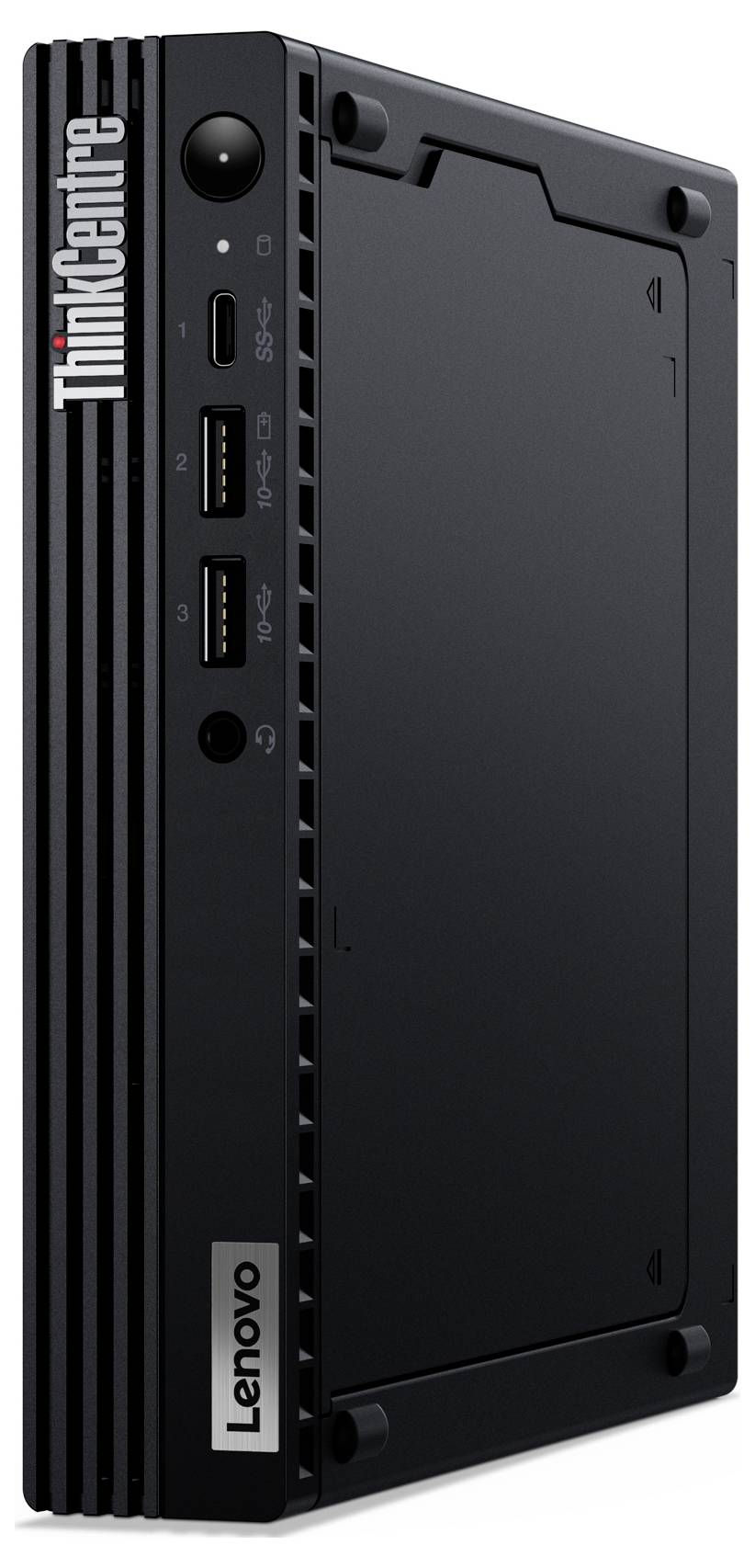 Czarny komputer stacjonarny Lenovo ThinkCentre w wersji mini, prezentujący przednie porty i wentylację, z logo „ThinkCentre" na boku.