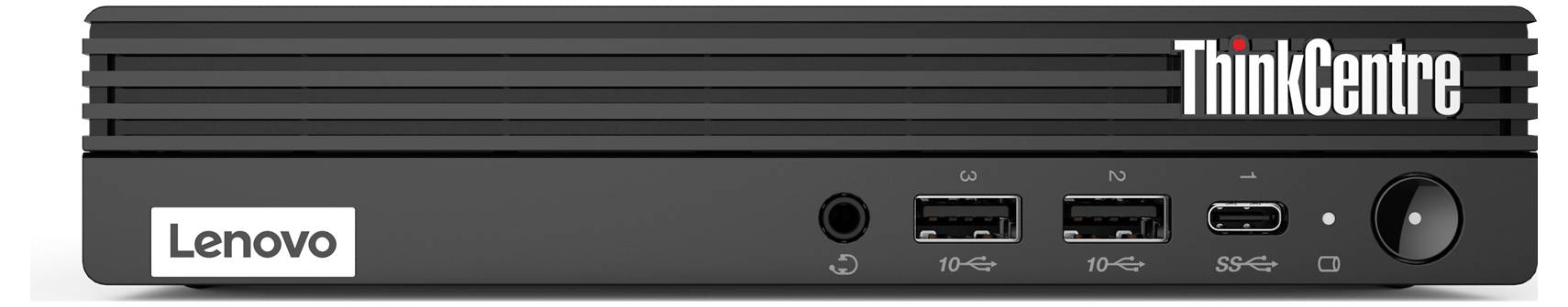 Komputer biurkowy Lenovo ThinkCentre mini z różnymi portami z przodu, w tym USB i gniazdem audio, z logo 'ThinkCentre' na górze.