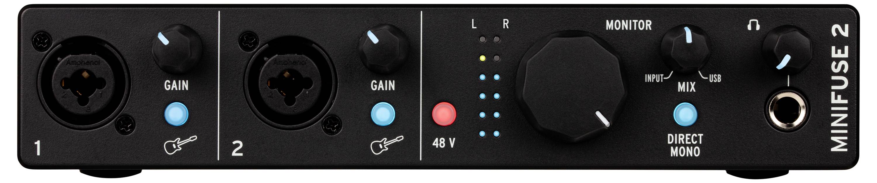 Interfejs audio z dwoma wejściami XLR, regulatorami wzmocnienia, zasilaniem fantomowym 48V, regulatorami monitora i oznaczeniem 'Minifuse 2'.