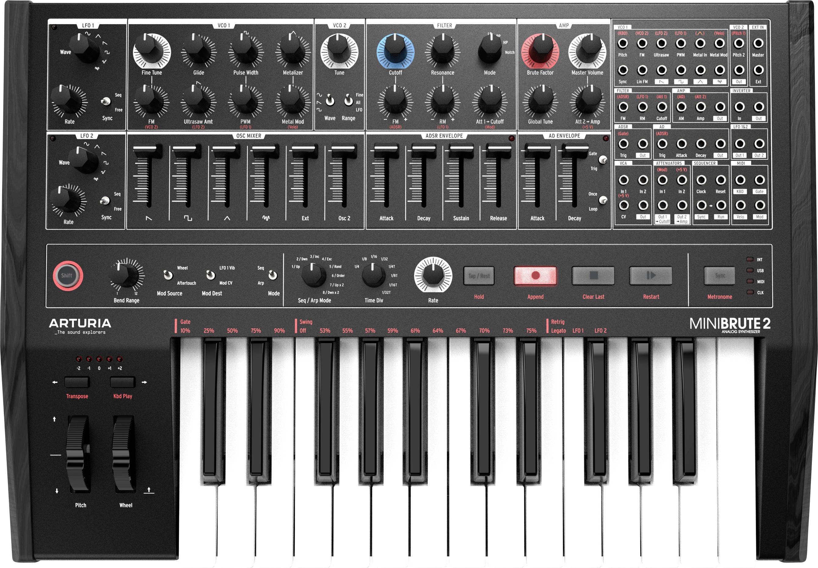 Analogowy syntezator z klawiszami, przyciskami i regulatorami do sterowania dźwiękiem. Nazwa producenta widoczna.