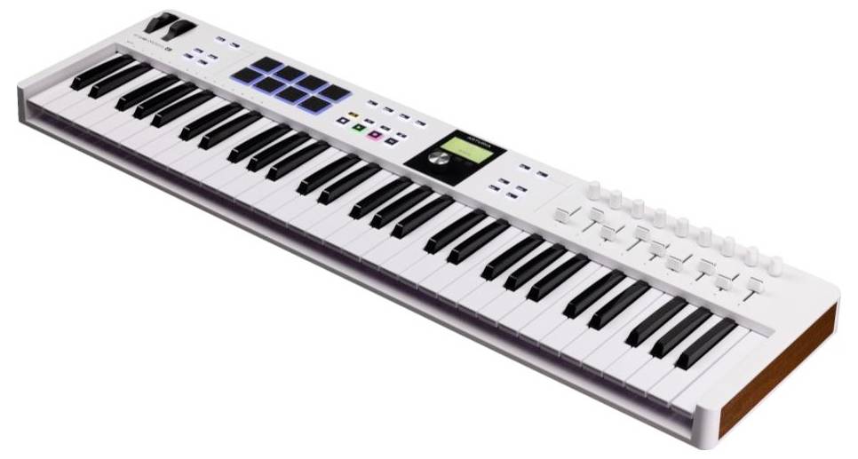 Białe keyboard MIDI z 49 klawiszami, kilkoma regulatorami, pokrętłami i wyświetlaczem LCD. Idealne do produkcji muzycznej i występów.