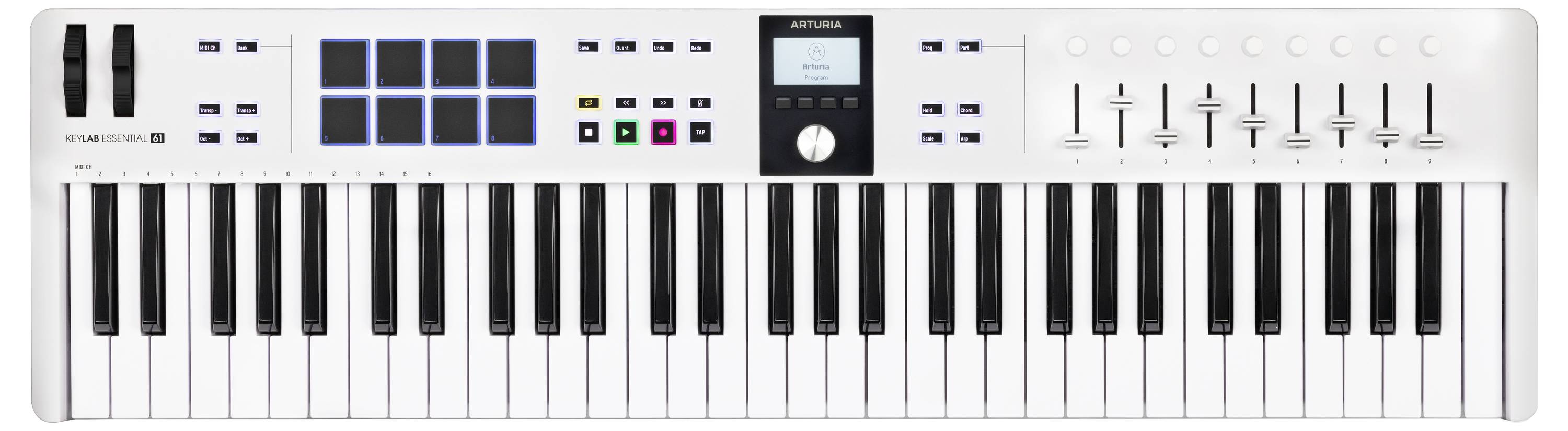 Elektroniczne keyboard MIDI z 61 klawiszami, suwakami, pokrętłami, padami i wyświetlaczem, odpowiednie do produkcji muzycznej i występów.