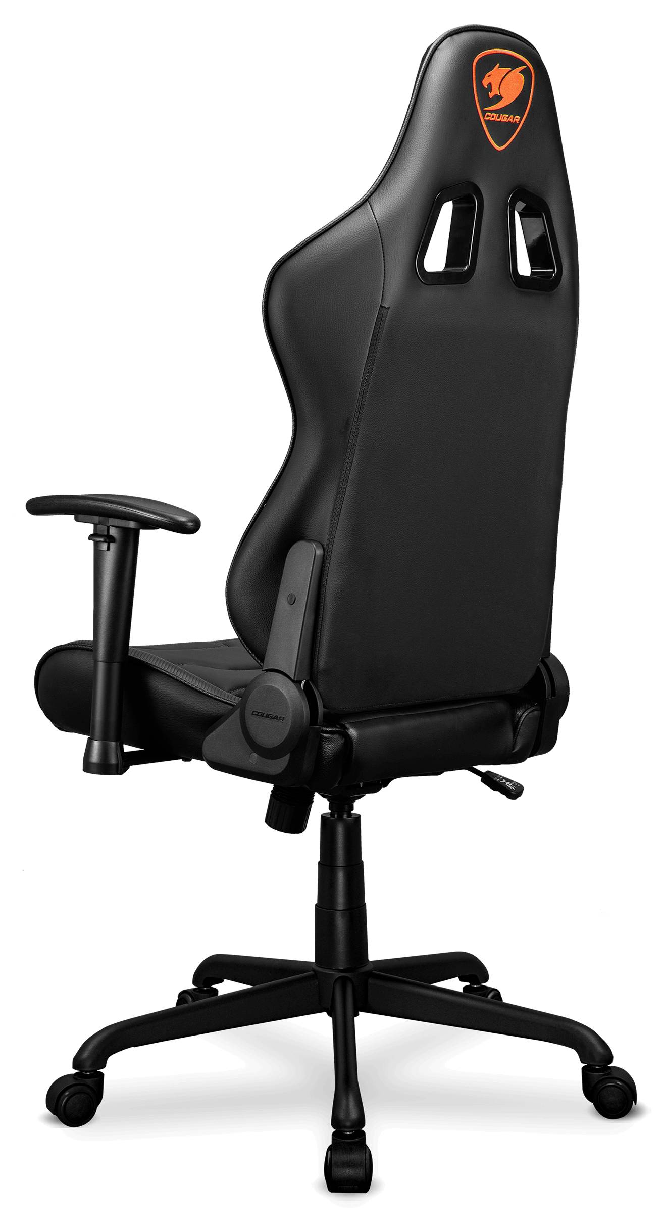 Czarny ergonomiczny fotel gamingowy z regulowanymi podłokietnikami i wysokim oparciem, z czerwonym logo na zagłówku.