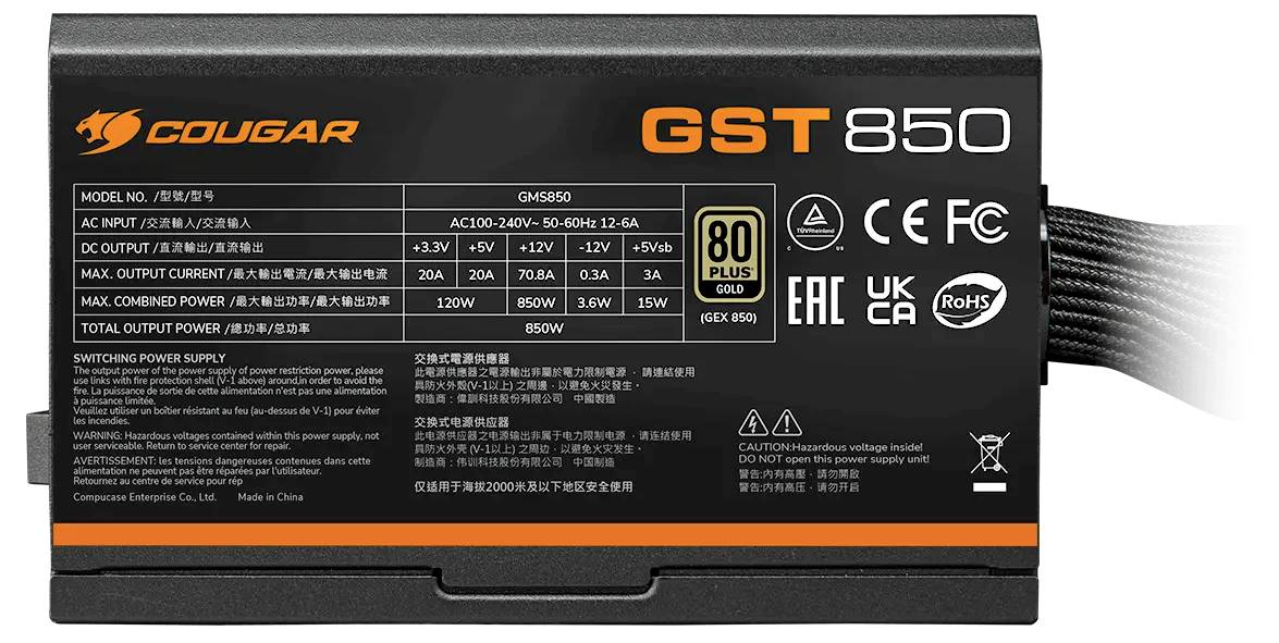 Cougar GST850 Zasilacz do komputera 850 W ATX 80 PLUS®-3