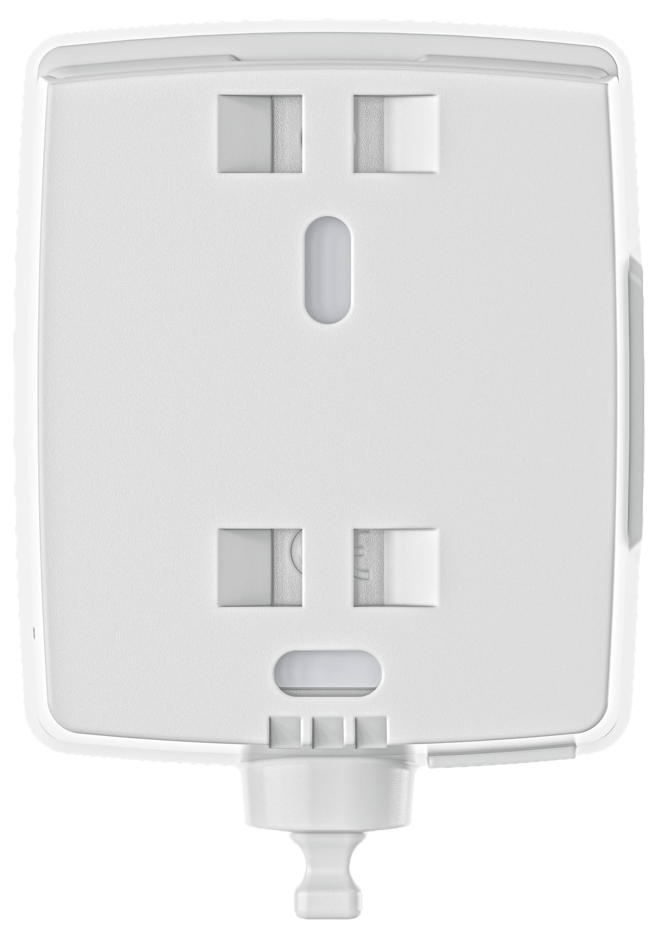 Biały dozownik mydła lub środka dezynfekującego z mocowaniem ściennym, widok z przodu, odpowiedni do użytku w publicznych toaletach.