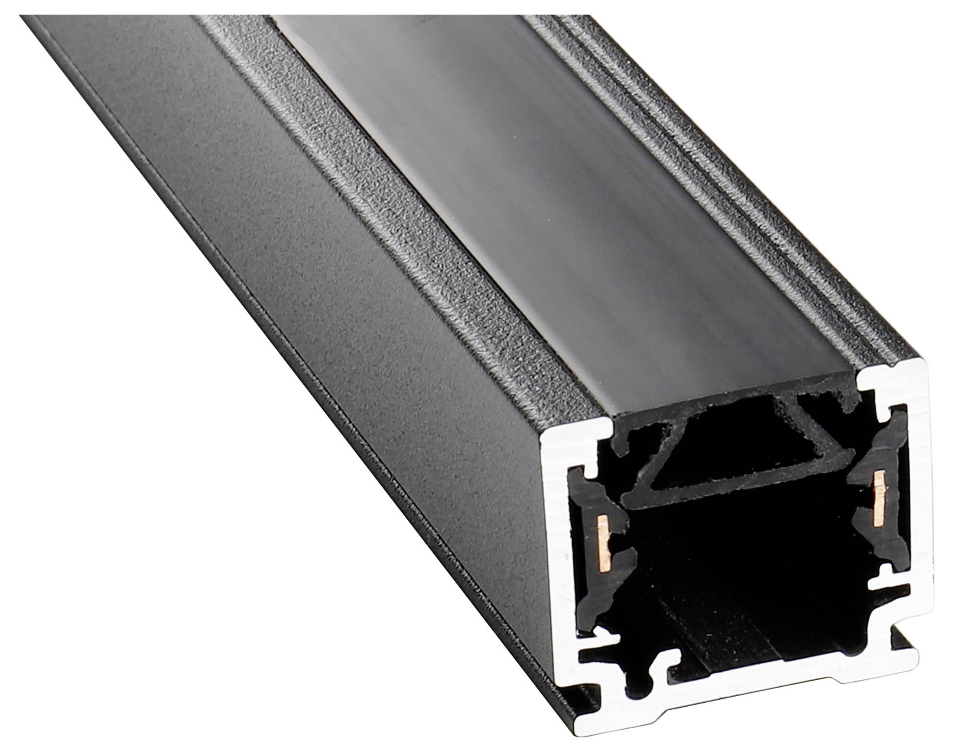 Czarny profil aluminiowy o kształcie prostokątnym z otwartym przekrojem, odpowiedni do zastosowania jako kanał oświetlenia LED.