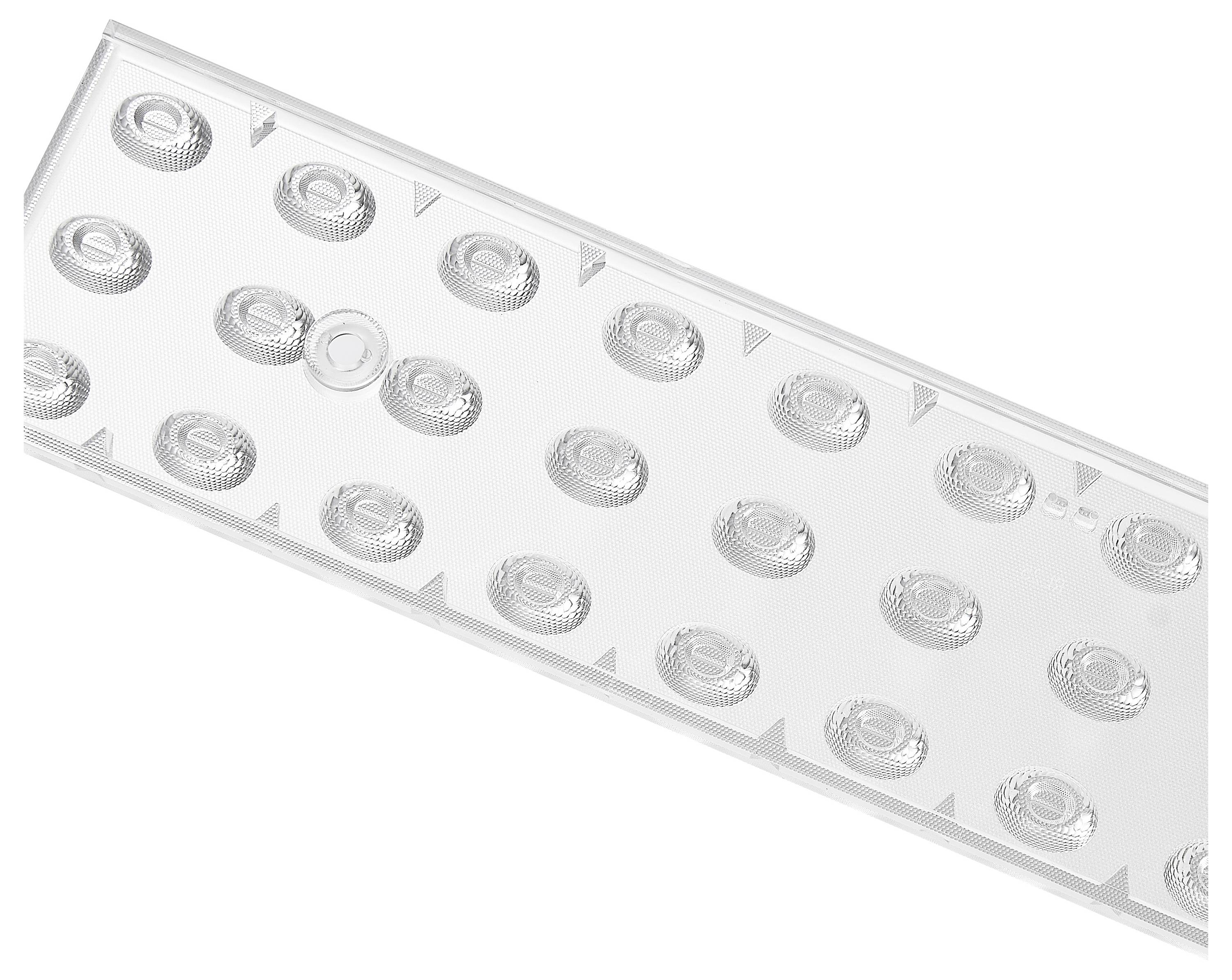Przezroczyste opakowanie blister z kilkoma owalnymi komorami na tabletki, przedstawione na białym tle.