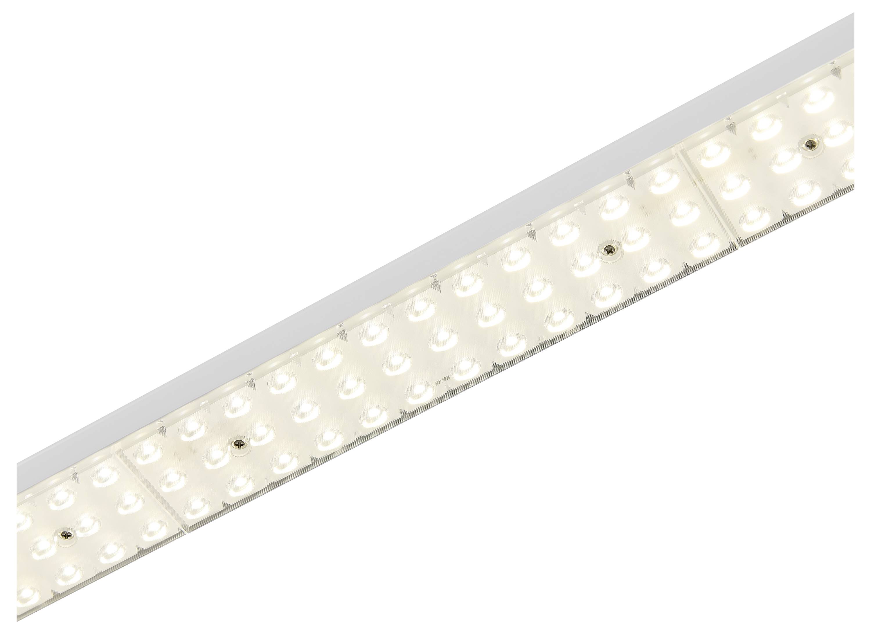 Listwa LED w perspektywie ukośnej, świecąca ciepłobiałym światłem. Pokazuje równomierne rozmieszczenie diod LED.
