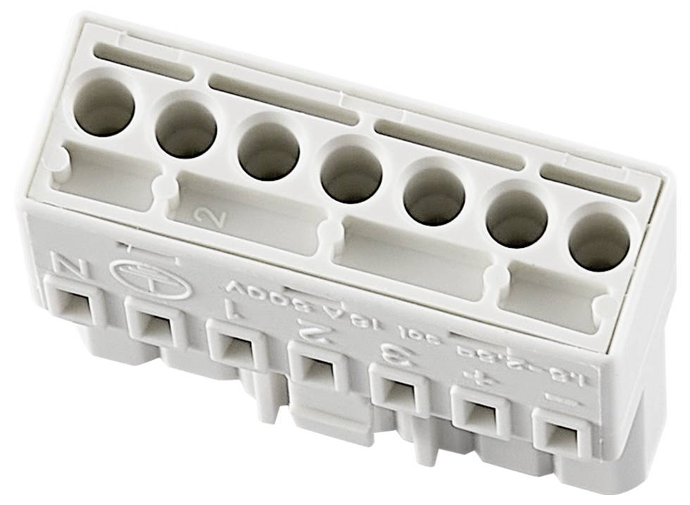 Biały, sześciokrotny blok złączy z ponumerowanymi przyłączami i symbolami. Służy do elektrycznego połączenia kilku przewodów.