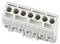Biały, sześciokrotny blok złączy z ponumerowanymi przyłączami i symbolami. Służy do elektrycznego połączenia kilku przewodów.