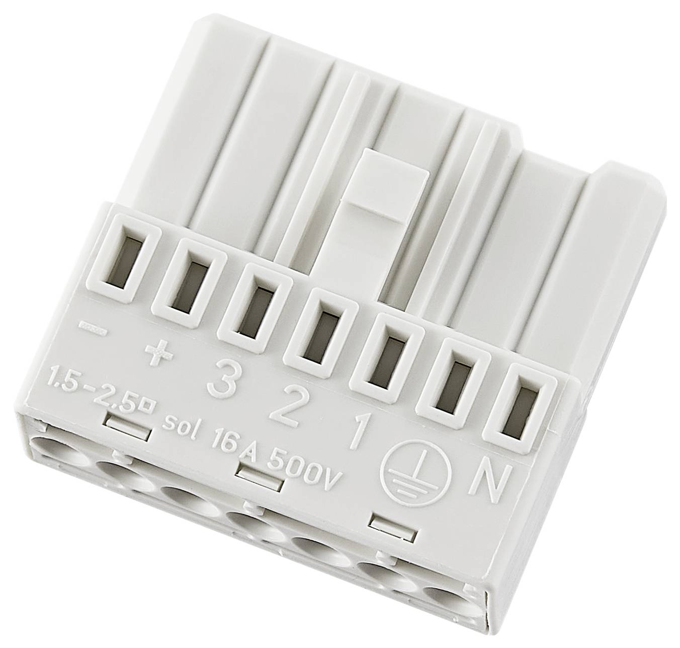 Biały elektryczny złącznik wtykowy z sześcioma wejściami, oznaczonymi '+', '3', '2', '1', 'N', na 16 A, 500 V.