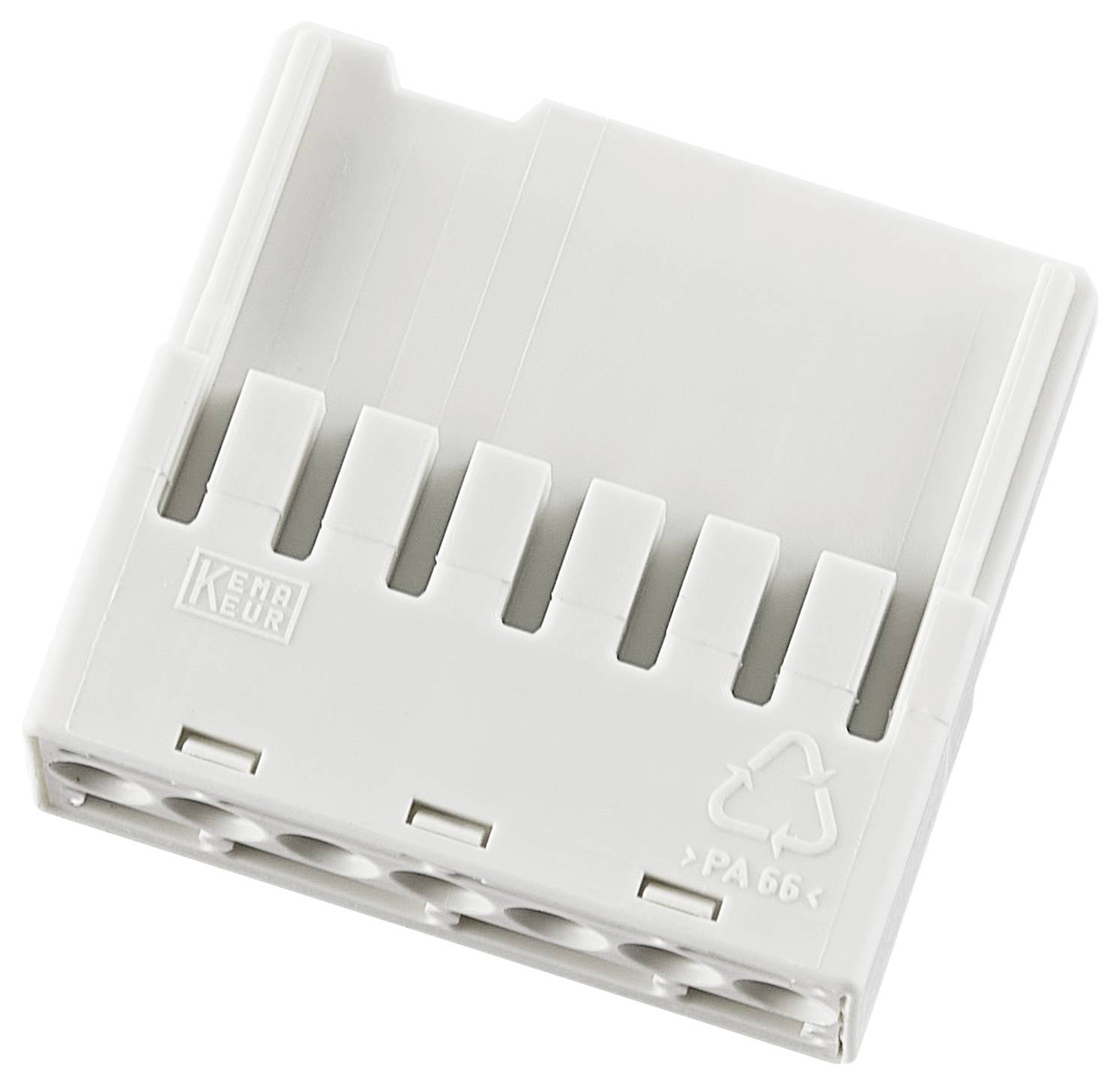 Biała wtyczka plastikowa z wieloma zaciskami przyłączeniowymi, odpowiednia do okablowania elektrycznego, z symbolem recyklingu i oznaczeniem 'KEMA KEUR'.