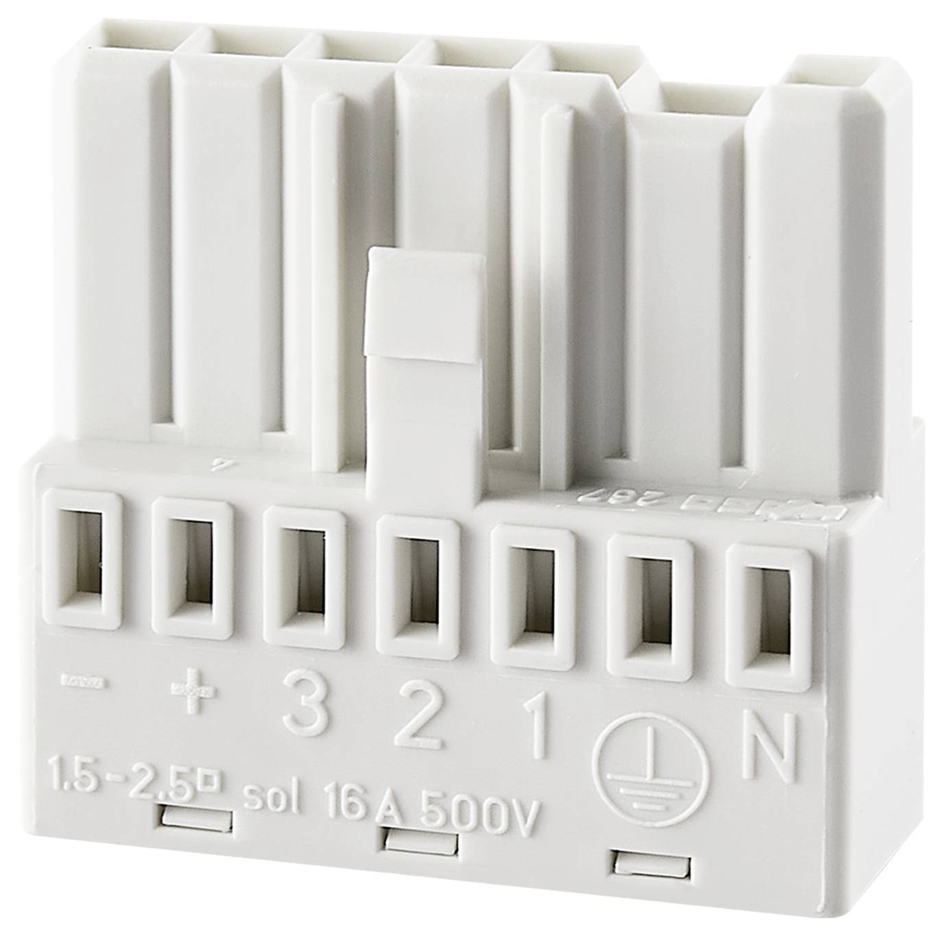 Biały elektryczny złącze wtykowe z sześcioma przyłączami, oznaczonymi '+', '3', '2', '1', 'N' oraz symbolem uziemienia, przeznaczone na 16A 500V.