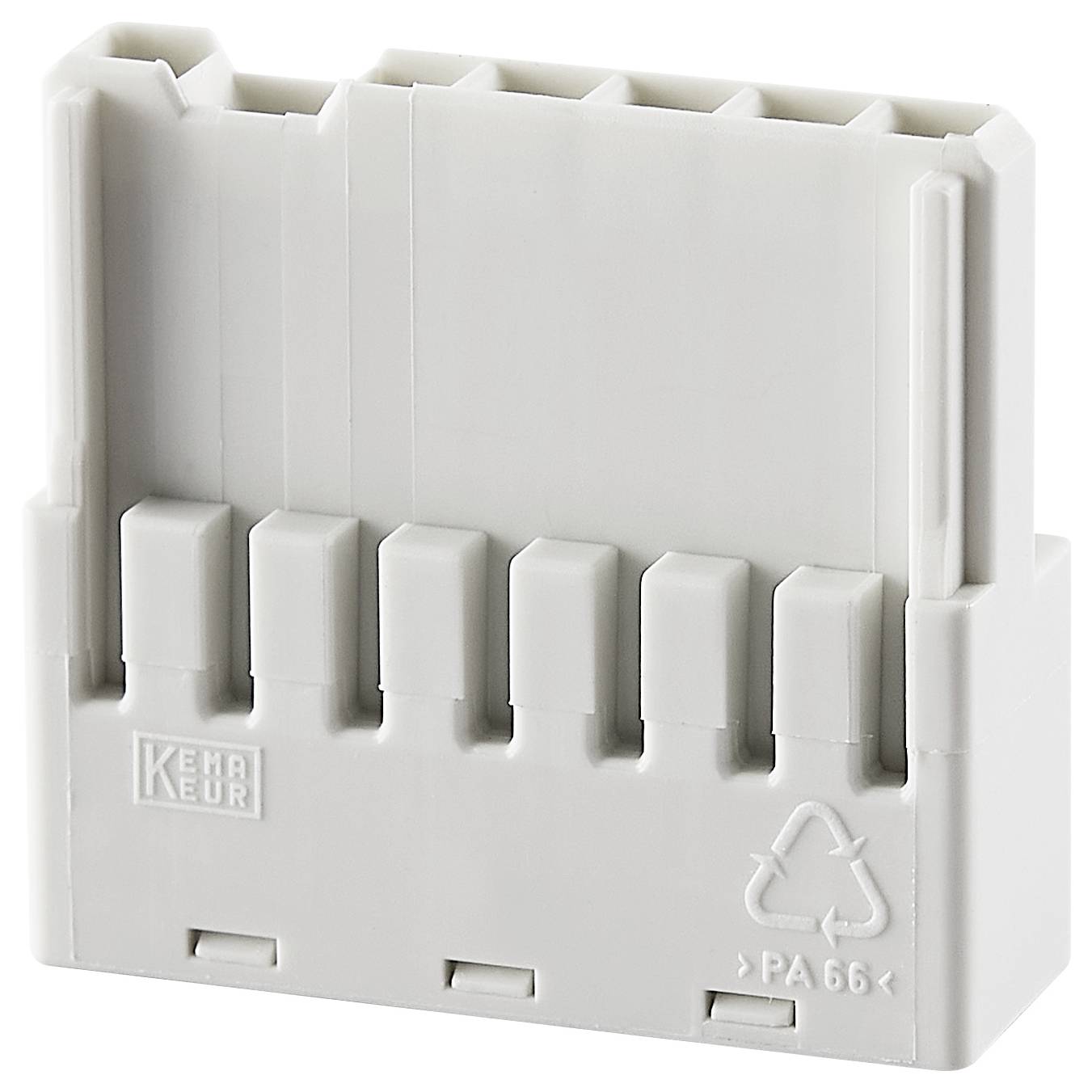 Szara część z tworzywa sztucznego z kilkoma pionowymi szczelinami i wytłoczonymi symbolami. Używana do połączeń elektrycznych.