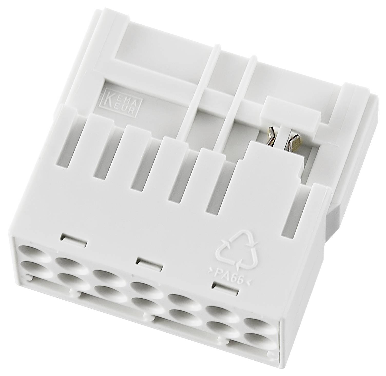 Biała, prostokątna wtyczka plastikowa z wieloma otworami i symbolem recyklingu.