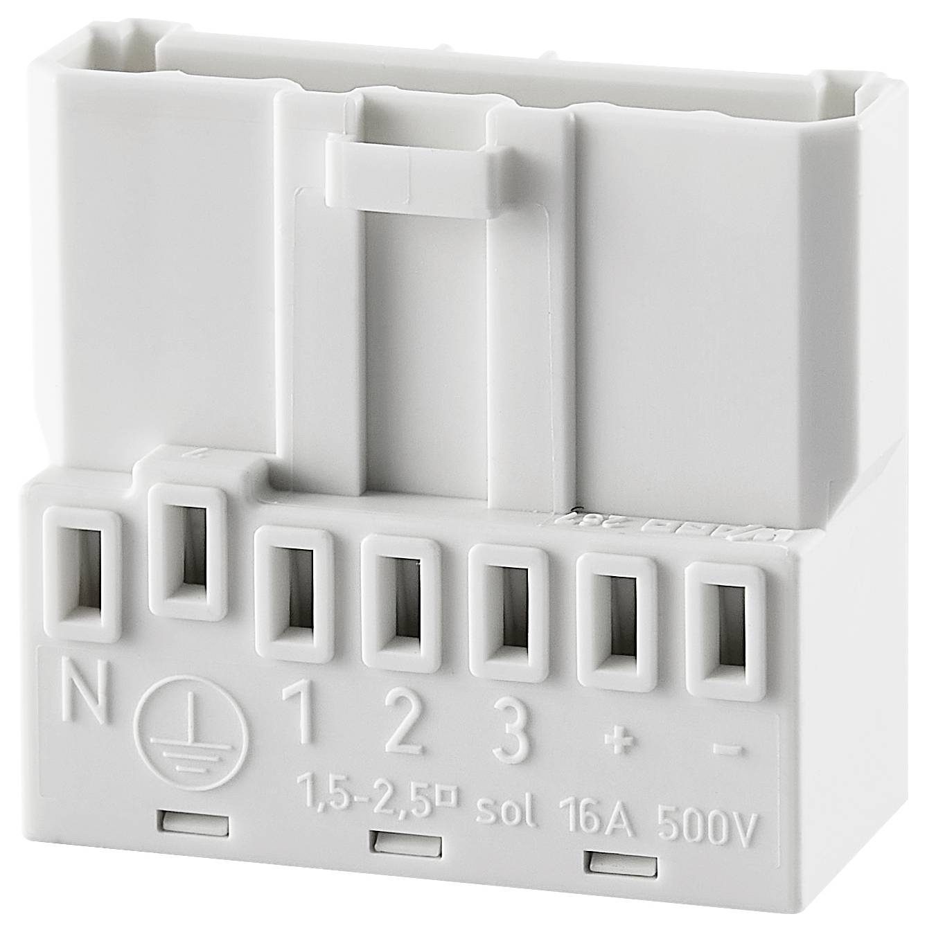 Adapter elektryczny wtykowy z czterema ponumerowanymi wejściami i oznaczeniem symbolu uziemienia. Przeznaczony na 16A i 500V.