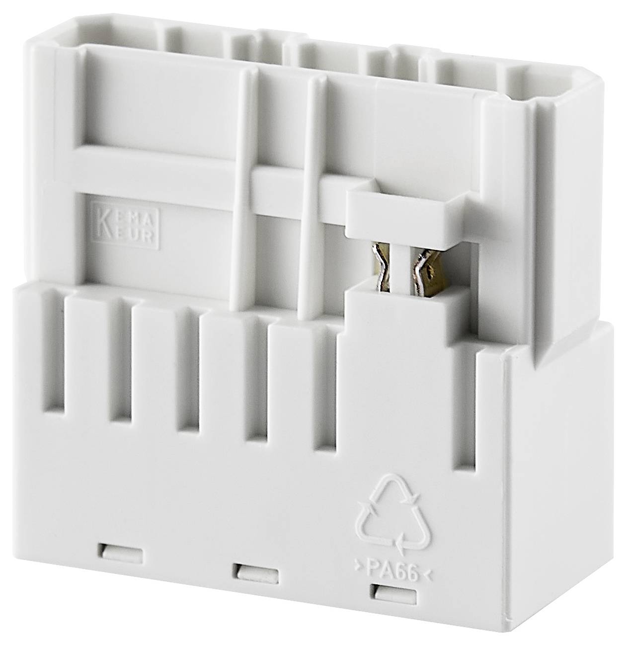 Obudowa plastikowa z wieloma gniazdami, symbol recyklingu i napis 'KEMA EUR'.