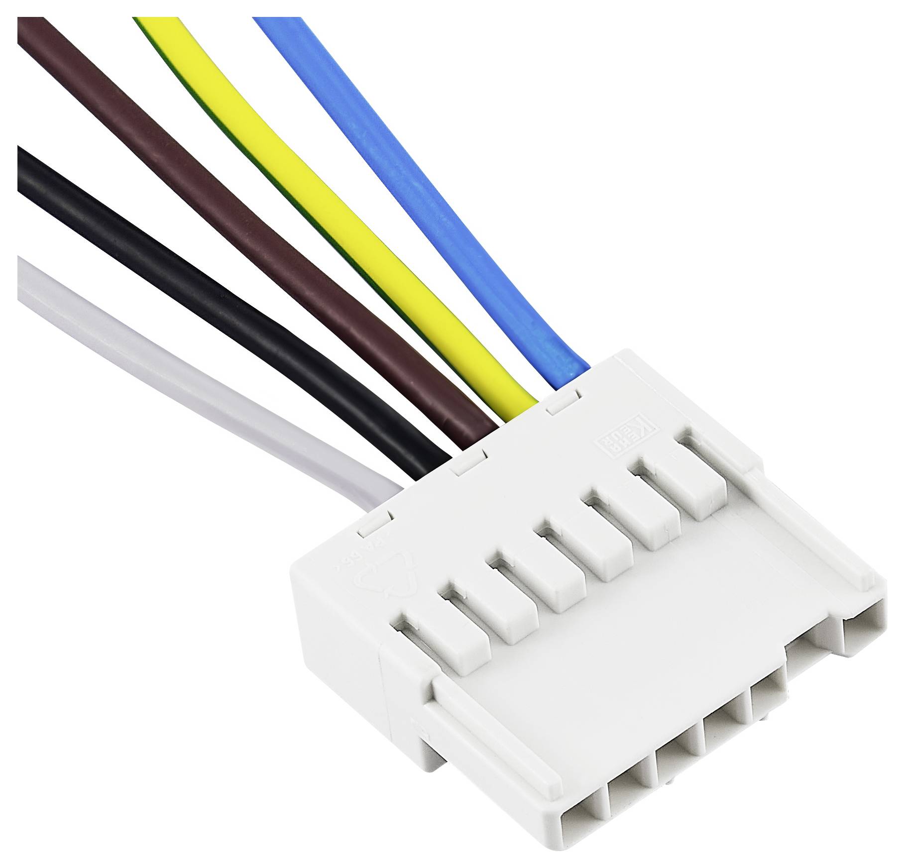 Widoczny jest biały plastikowy wtyk z pięcioma kolorowymi kablami (czarnym, żółtym, niebieskim, brązowym, szarym). Jest on używany do połączeń elektronicznych.