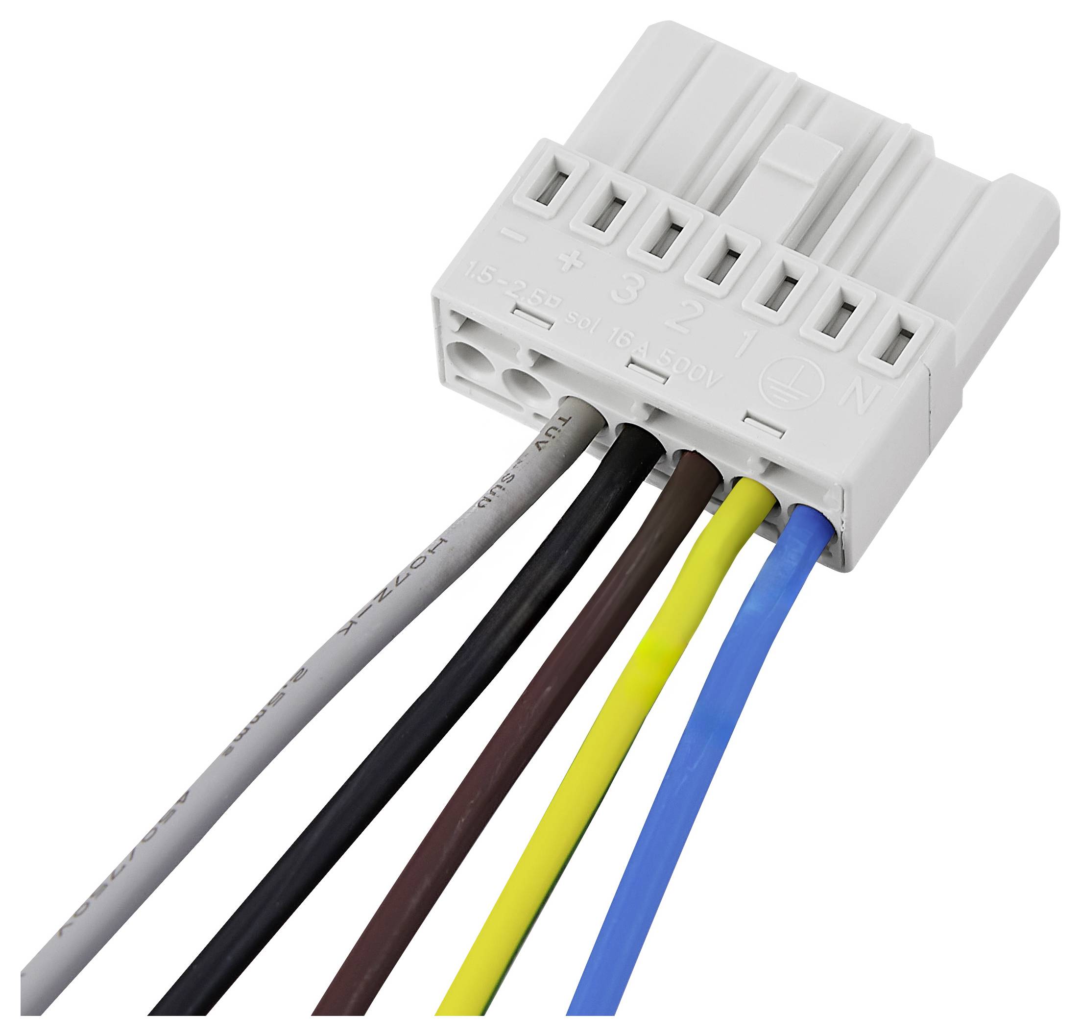 Wielokanałowy złączka kablowa z białymi, czarnymi, brązowymi, żółtymi i niebieskimi przewodami wychodzącymi z białej obudowy plastikowej.
