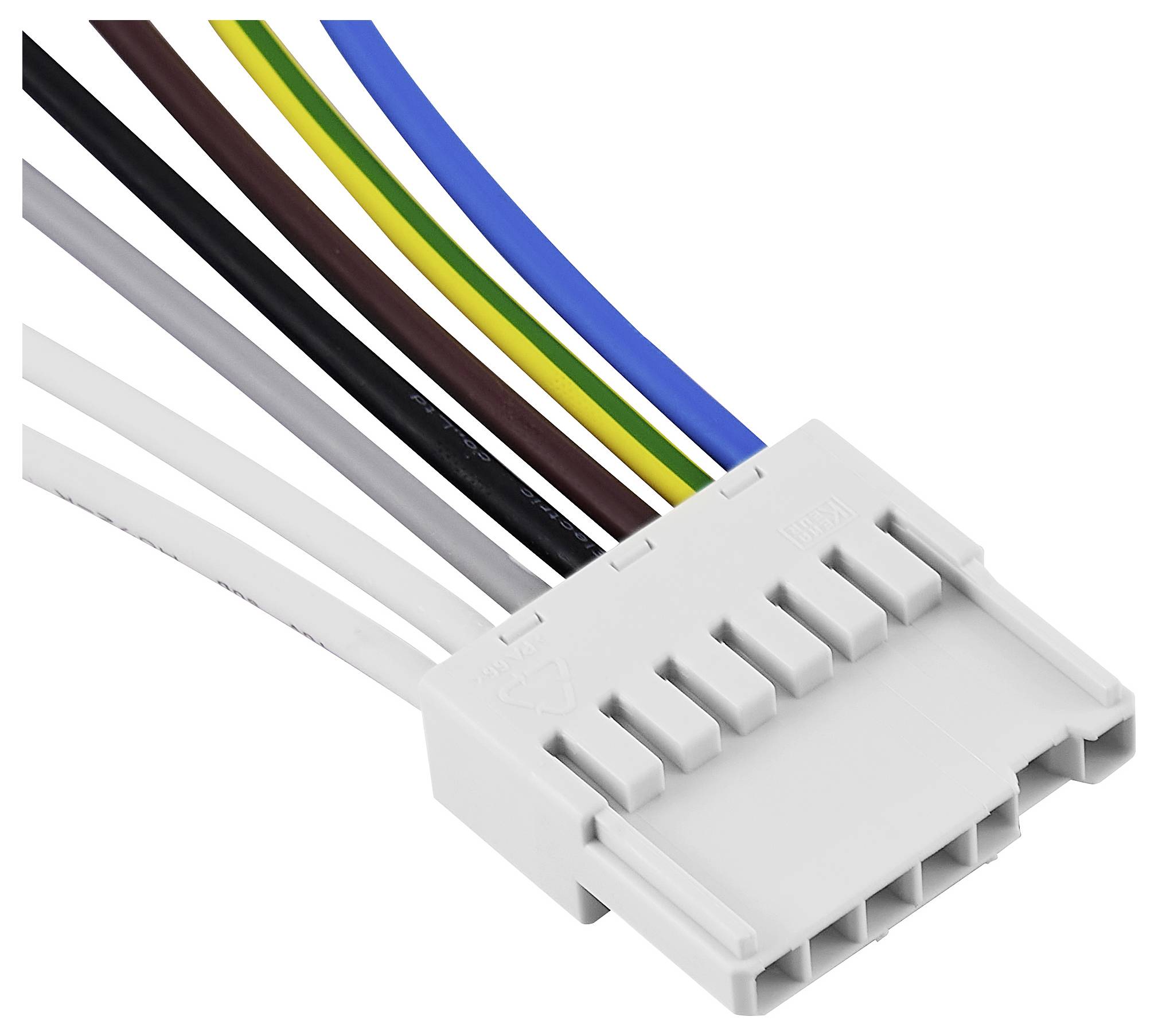 Biały, prostokątny złącze wtykowe z sześcioma kolorowymi kablami w kolorach niebieskim, żółto-zielonym, brązowym, czarnym, szarym i białym.
