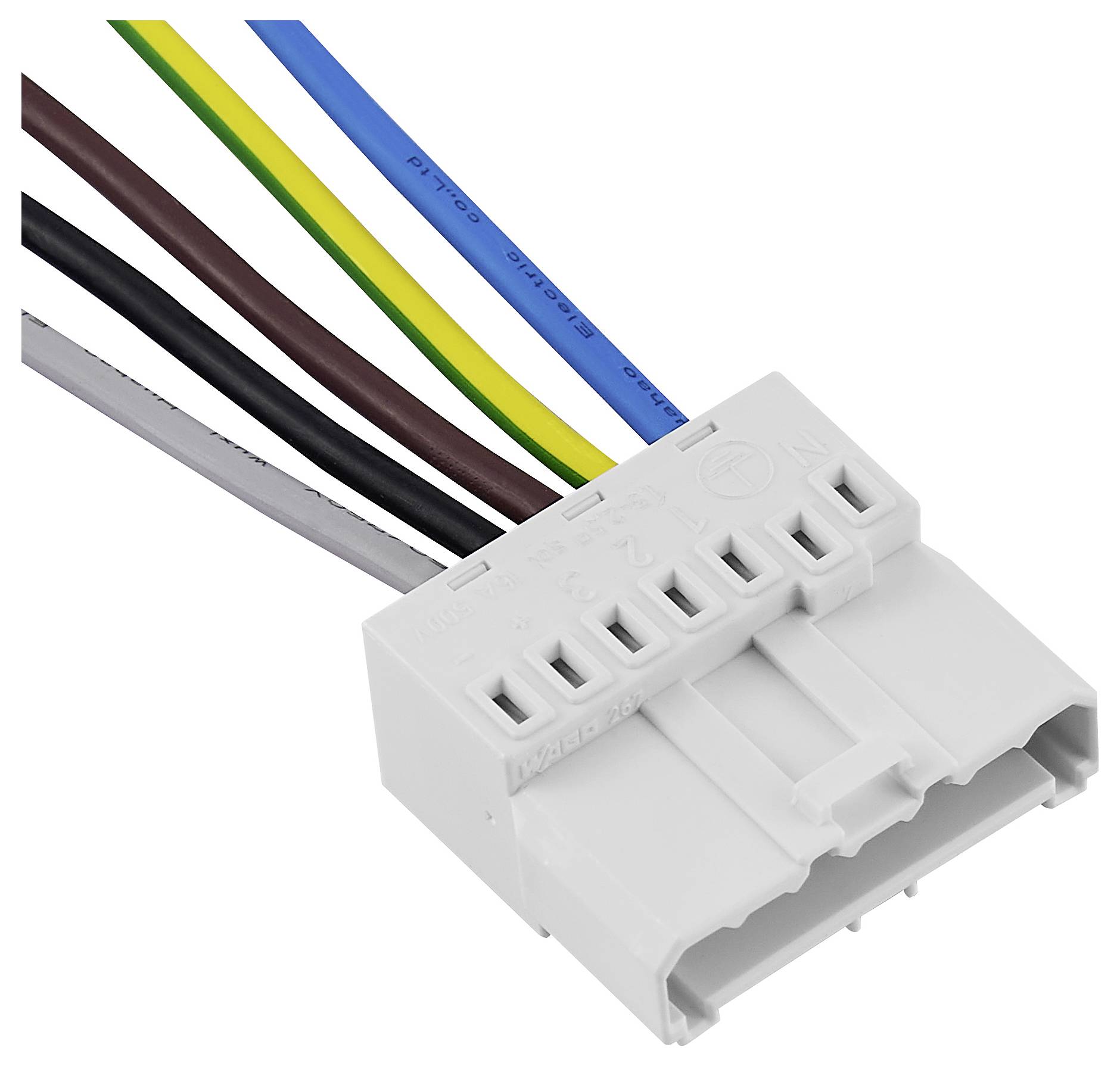 Biała elektryczna wtyczka kablowa z sześcioma kolorowymi przewodami: niebieskim, żółto-zielonym, brązowym, szarym, czarnym i białym.