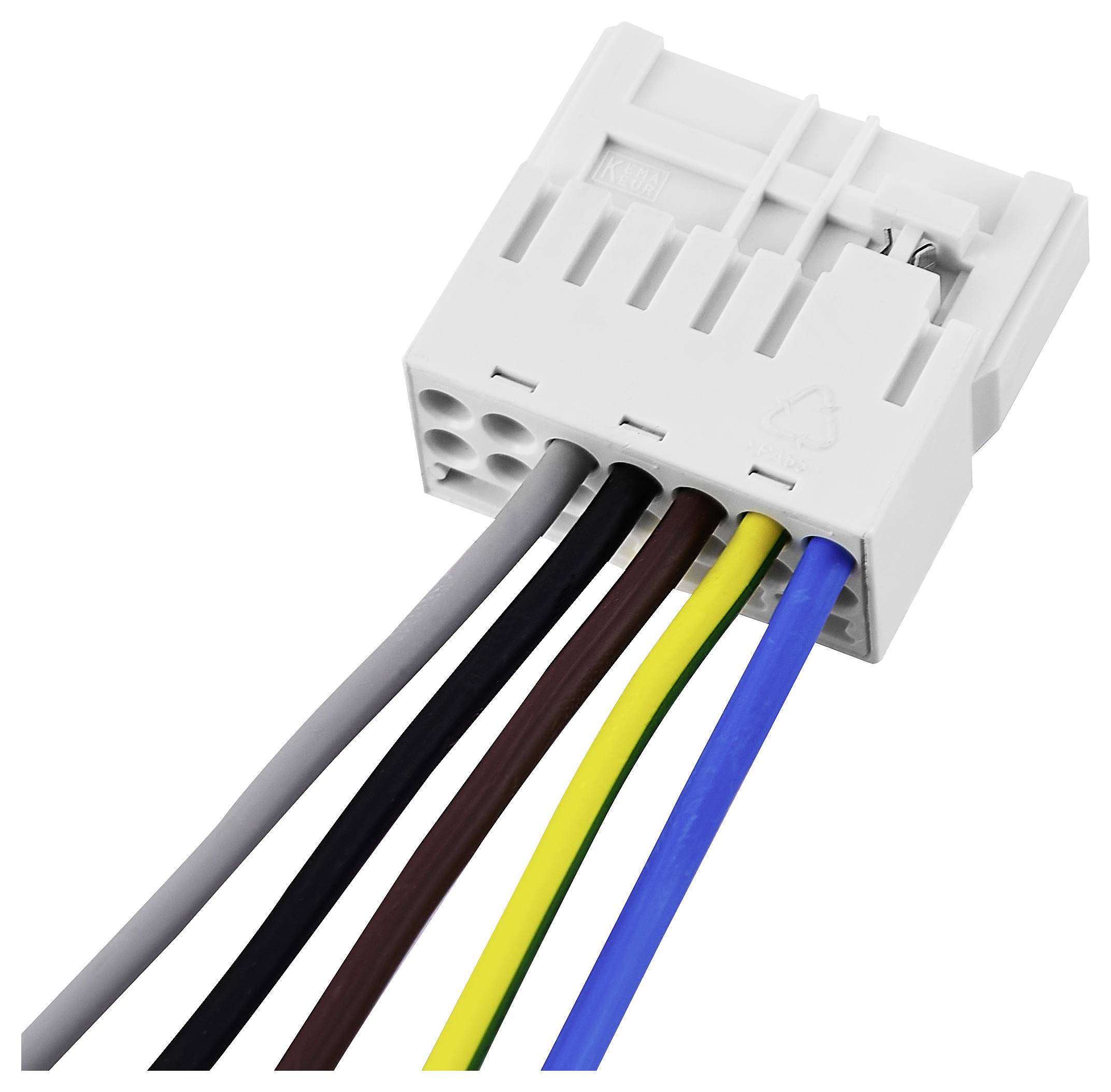 Biała wtyczka elektryczna z sześcioma wielokolorowymi, połączonymi kablami pokazuje różne przewody elektryczne.