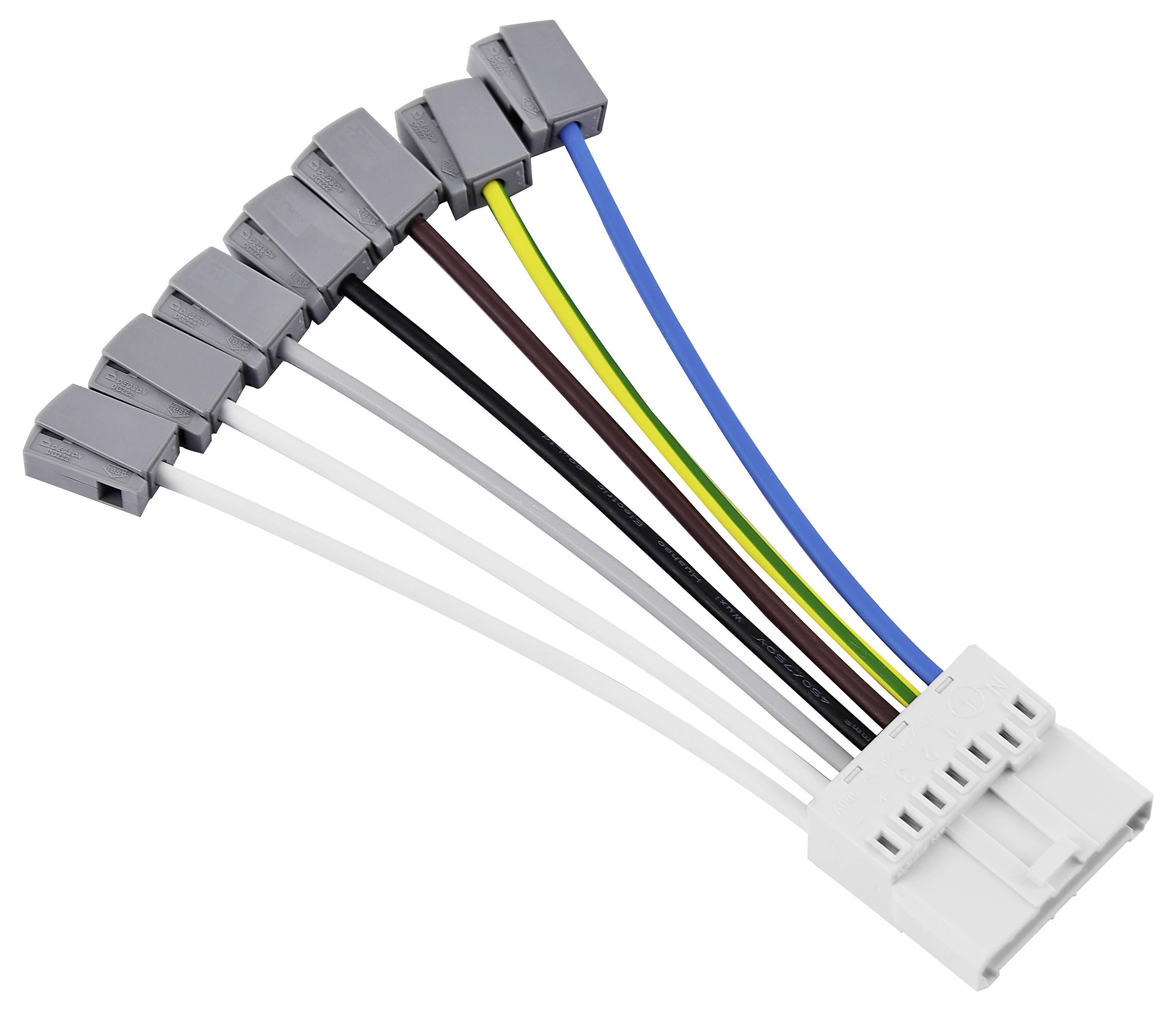 Wielokolorowe kable elektryczne są połączone w białej wtyczce. Kończą się szarymi złączami wtyczkowymi.