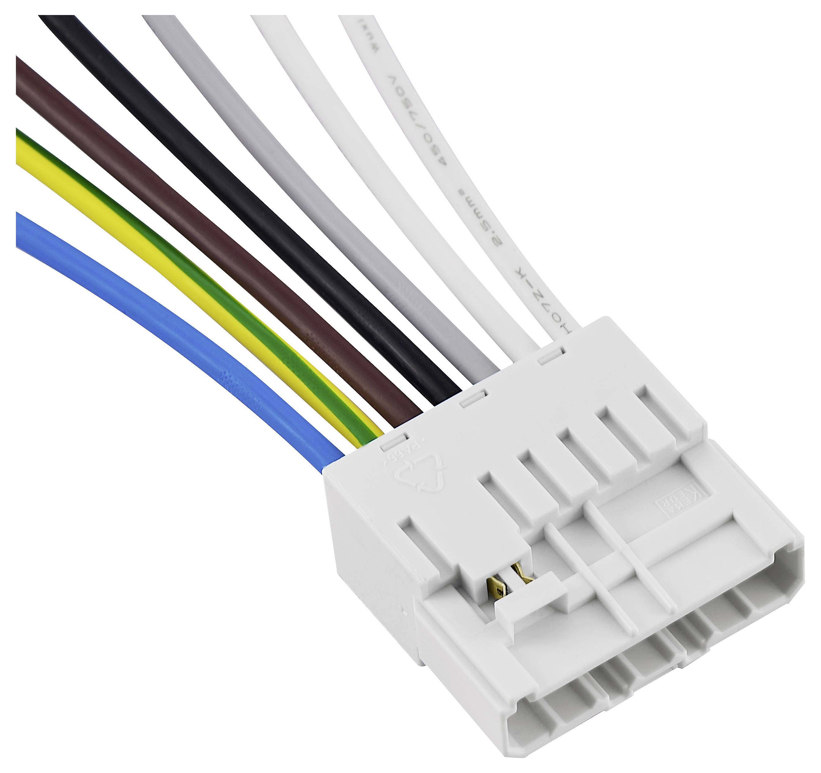 Wtyczka z wieloma kolorowymi kablami; różne połączenia elektryczne.