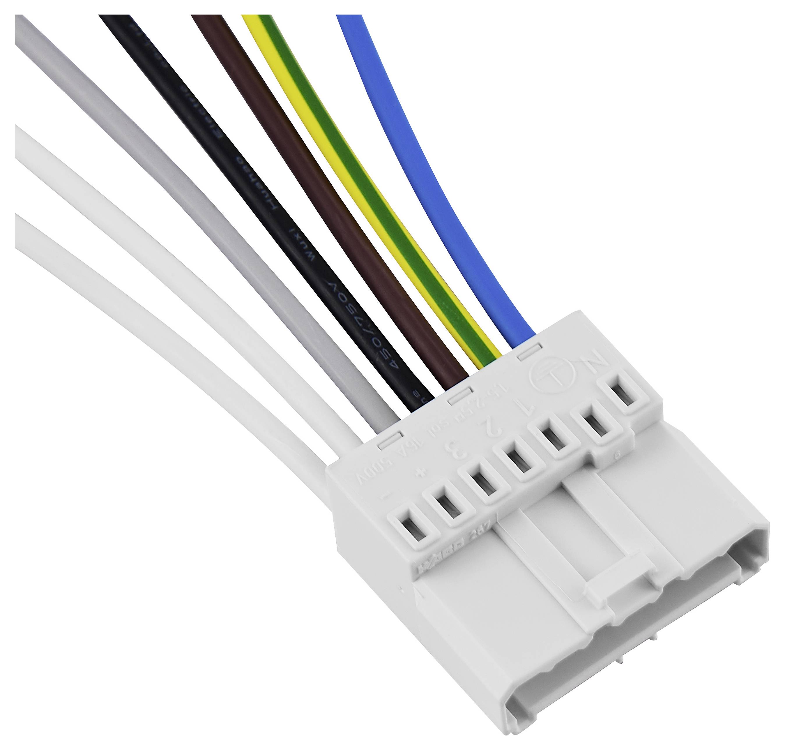 Zbliżenie elektrycznego złącza z kilkoma kolorowymi kablami: białym, szarym, brązowym, zielono-żółtym, niebieskim i czarnym.