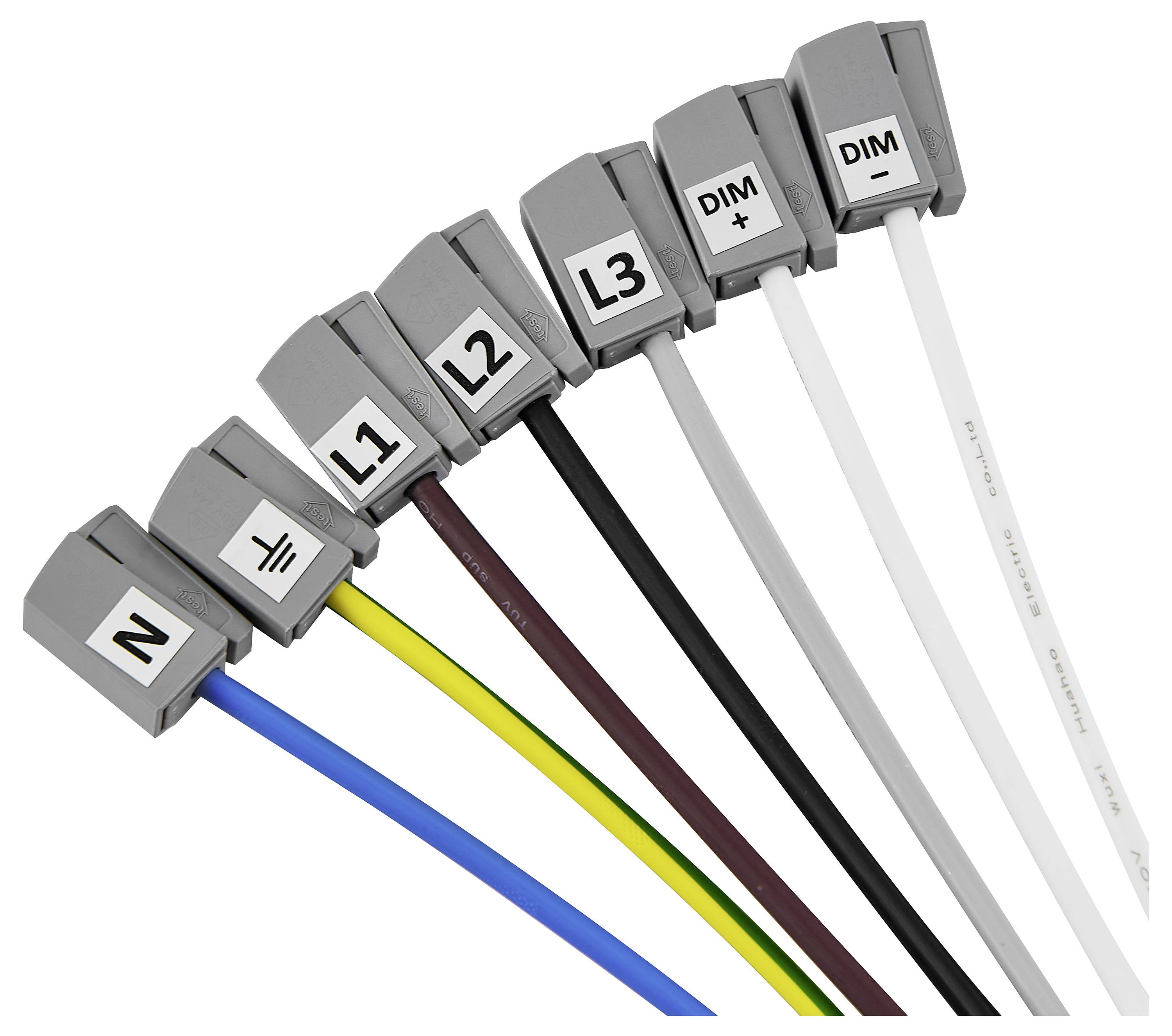 Układ siedmiu kolorowych kabli elektrycznych z oznaczeniami: N, Ziemia, L1, L2, L3, DIM -, DIM +.