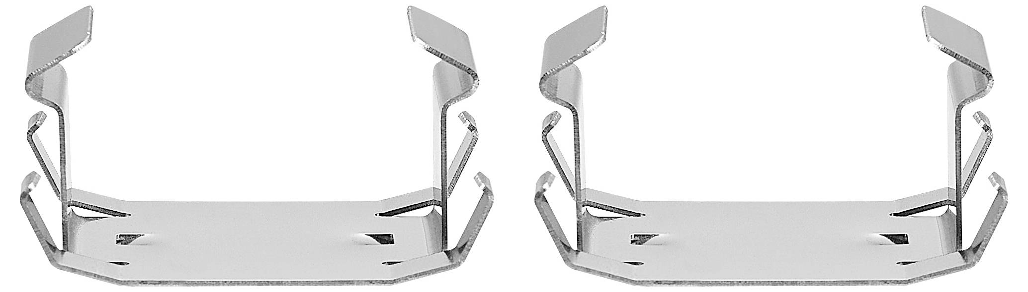 Dwa srebrne metalowe uchwyty z haczykami po bokach, obok siebie na białym tle.