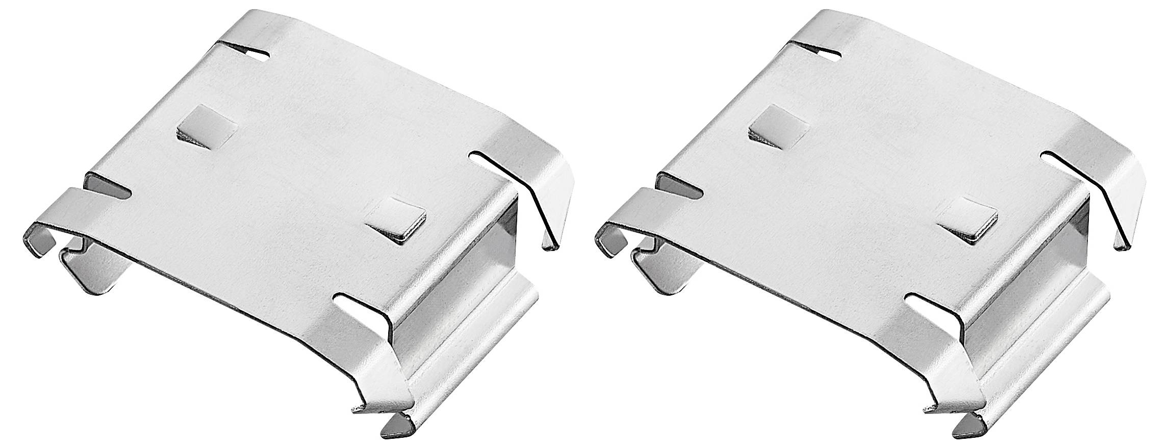 Dwa srebrne metalowe klipsy z zakrzywionymi krawędziami i prostokątnymi wycięciami, leżące obok siebie.