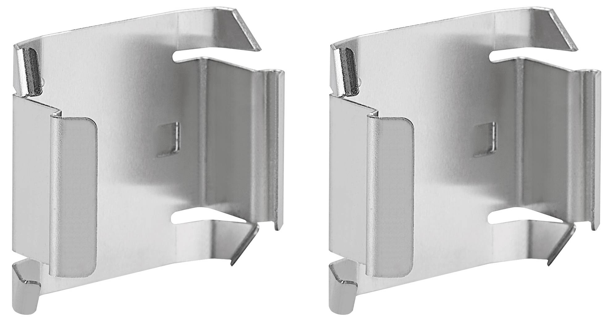 Dwie srebrne metalowe klamry o prostokątnym kształcie, każda z bocznymi haczykami i otworami, na białym tle.